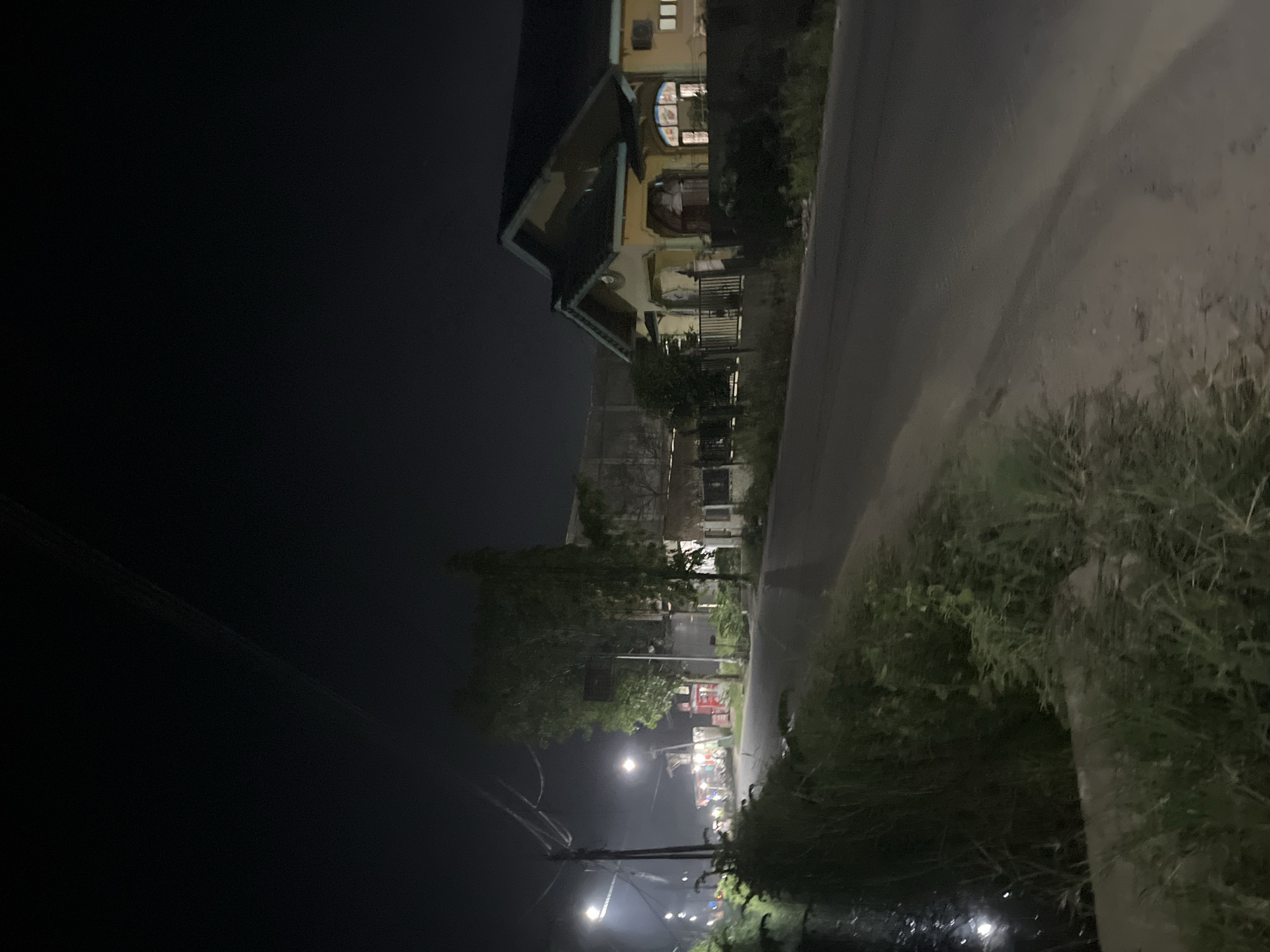 This media file depicts a nighttime scene along a paved road in Bundar, Indonesia. The image is oriented vertically, with the road running diagonally from the bottom right to the upper left. On the left side of the road, a multi-story building with illuminated windows is visible. The building appears to be residential or commercial, with balconies and distinct architectural features. Trees and vegetation are present between the building and the road, as well as along the right side of the road, partially obscuring the view.
Several streetlights are visible, casting pools of light onto the road and surrounding areas. In the distance, more lights suggest other buildings or activity, possibly a marketplace or a cluster of shops. The sky is dark, indicating it is nighttime. The overall mood of the image is quiet and somewhat serene, with the artificial lights providing the primary illumination in the otherwise dark environment. There is no visible text within the image. The scene suggests a typical streetscape in a residential or semi-commercial area at night.