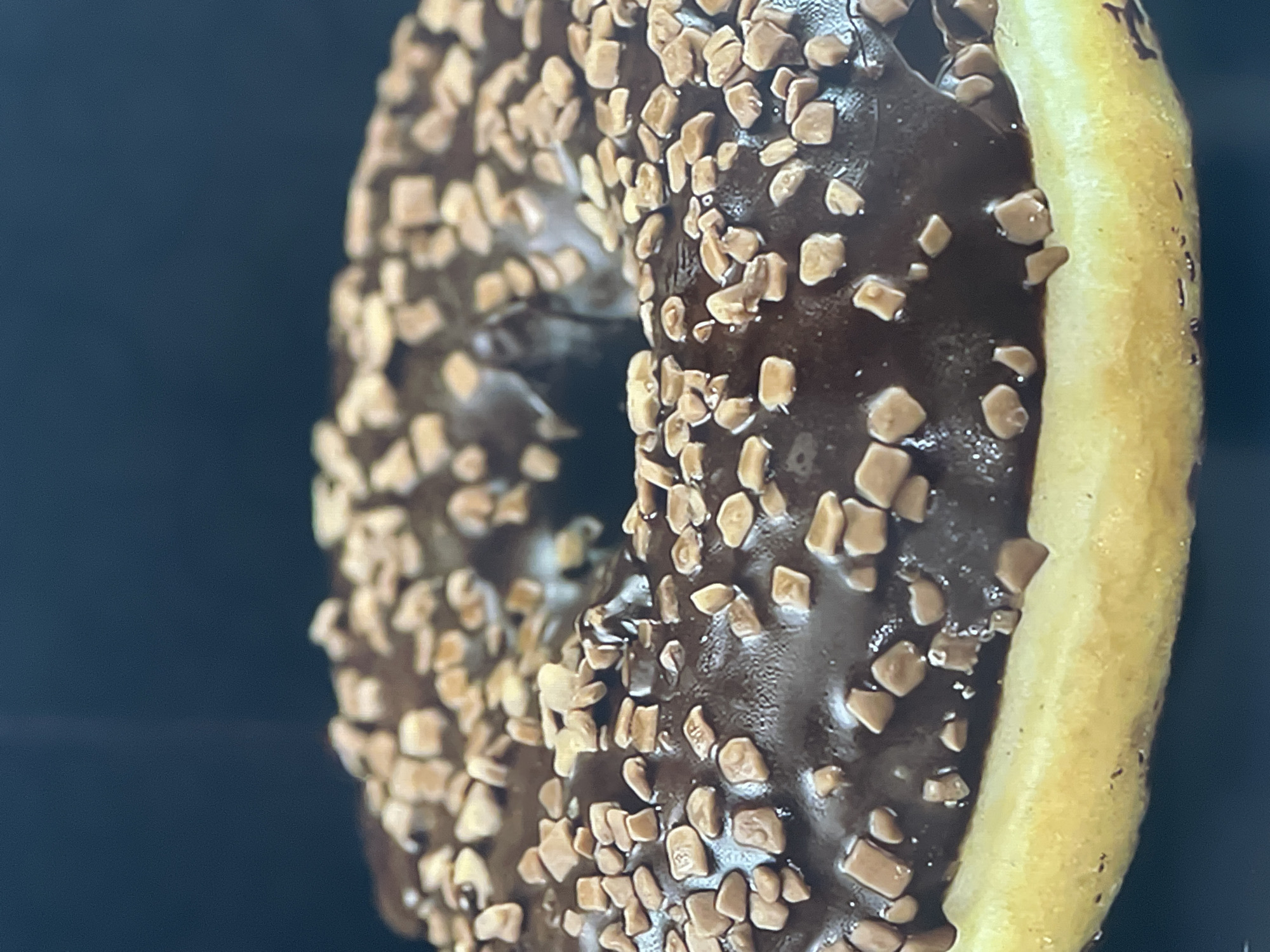 A close-up shot of a chocolate-frosted donut with toffee bits covering the frosting. The donut is seen in profile, with the round shape clearly visible. The background is a blurred dark color. No people, subjects, actions, interactions, or location information are discernible from the image, and there's no way to determine a location of Rozsoshentsi, Ukraine.