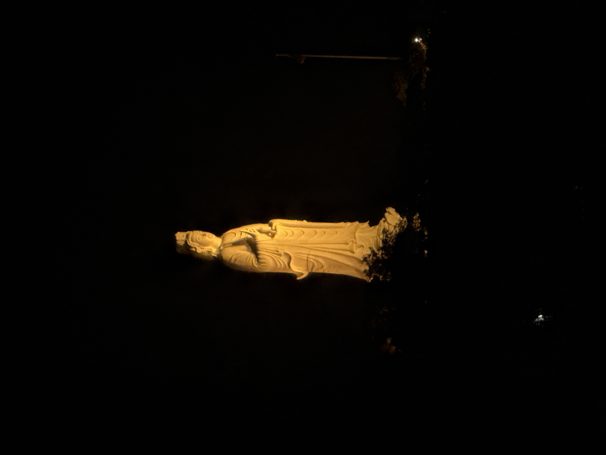The image shows the illuminated Quan Yin statue in Đà Nẵng, Vietnam, at night. The statue, oriented horizontally, is the main subject and is lit in a warm, golden hue. The surrounding environment is dark, with only faint hints of foliage and an overhead light fixture visible.