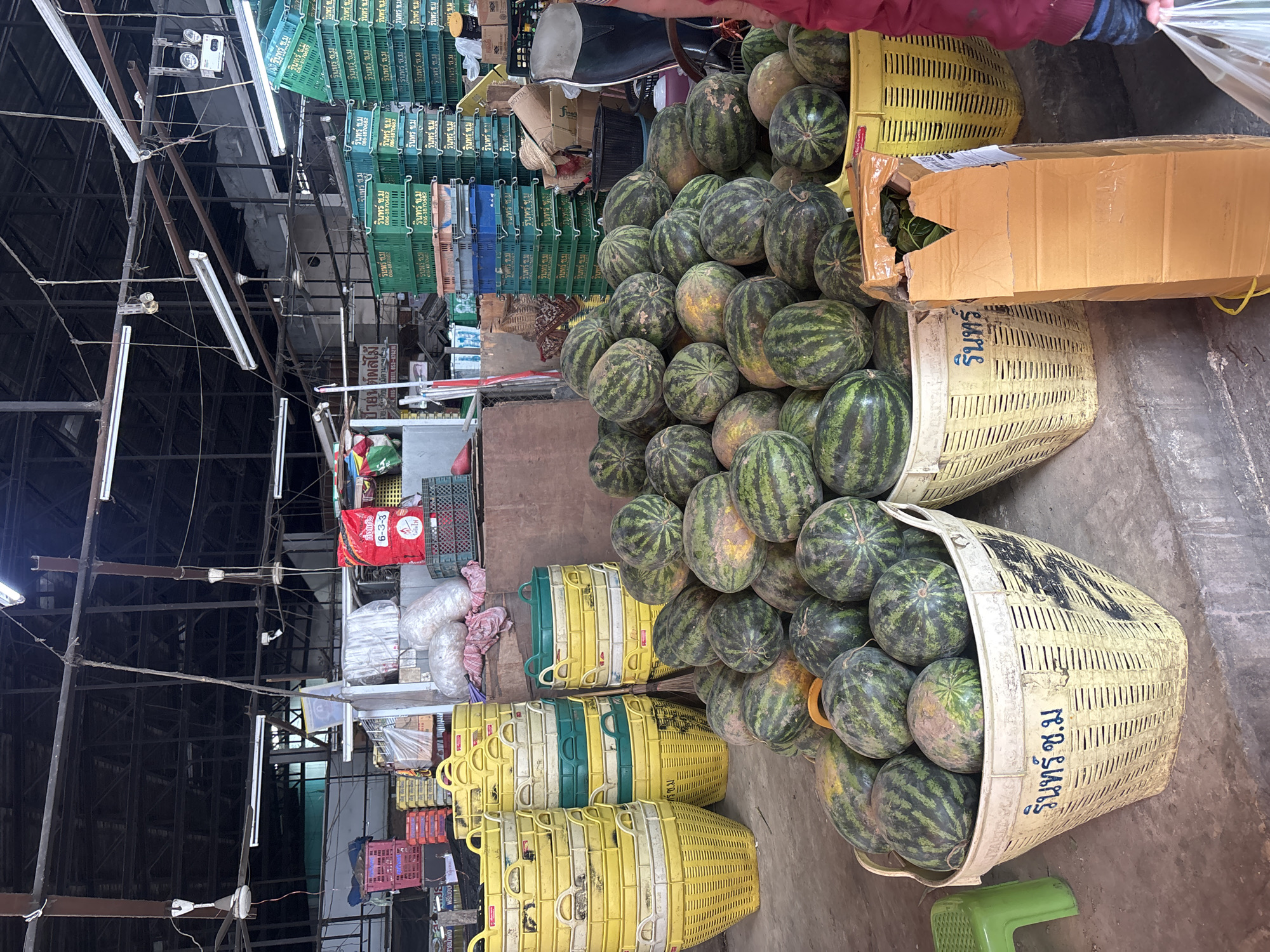 This is a medium-shot, eye-level, outdoor, natural-light photograph taken in a bustling market stall in Chiang Mai City Municipality, Thailand. The foreground is dominated by large woven baskets, one of which is filled with numerous watermelons. Another basket to the right also contains watermelons, and next to it sits a tall, open cardboard box. In the background, stacks of green plastic crates and yellow plastic baskets are visible, along with a variety of packaged goods and bags. The ceiling of the market, with its exposed metal beams, wiring, and fluorescent lights, is visible overhead. A person, partially visible on the far right, appears to be holding a plastic bag. The scene depicts a commercial setting, likely a fruit market, with abundant produce and various containers for transport and display.