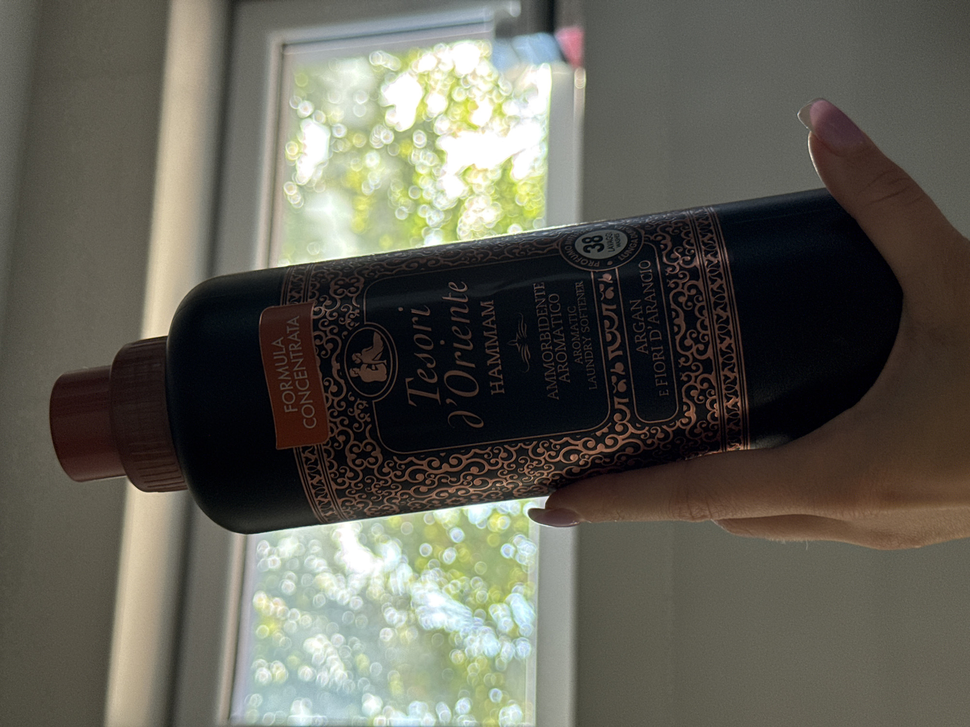 A hand with light skin and a light pink manicure is holding a dark bottle of Tesori d'Oriente Hammam aromatic laundry softener. The bottle has a copper-colored label with intricate designs and text. The label reads "FORMULA CONCENTRATA," "Tesori d'Oriente HAMMAM," "AMMORBIDENTE AROMATICO LAVANDERY SOFTENER," and "ARGAN E FIORI D'ARANCIO." There is also a circular emblem with the number "38" and text related to washes. The background is out of focus and appears to be a window with sunlight filtering through trees, suggesting an indoor setting. The presence of a window and the general lighting conditions do not provide any specific indicators for the city of Łódź, Poland.