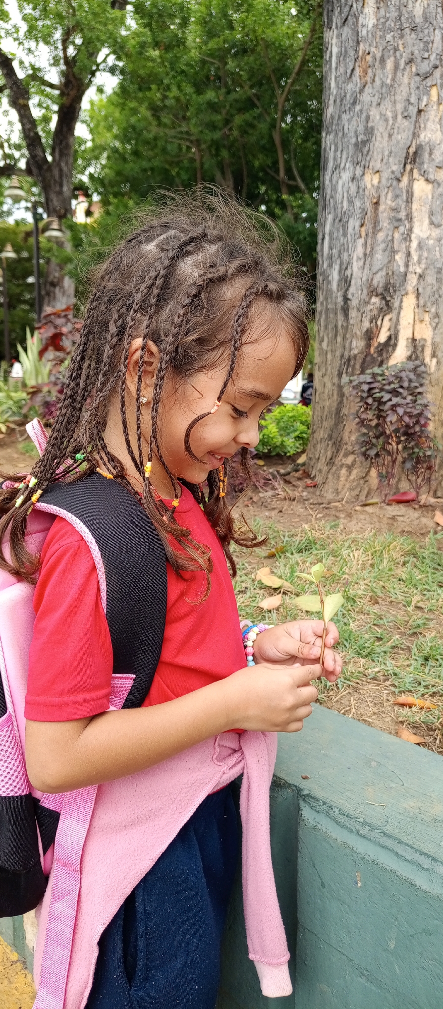 A young girl stands outside, possibly in a park or garden in Tinaquillo, Venezuela. She is wearing a red t-shirt, blue pants, and a pink sweater tied around her waist. She has braids in her hair, some decorated with beads. She is carrying a pink backpack with black straps. The girl is holding a small twig with leaves in her hands, looking down at it with a smile. Behind her are trees and greenery. The ground appears to be grassy. There's a concrete structure nearby, possibly a low wall.