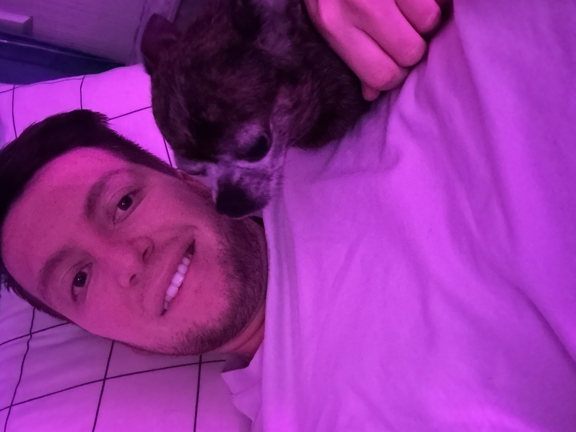 In the city of Mirny, Russia, an image captures a close-up of a person lying in bed, illuminated by purple light. The person, a male with short dark hair and a beard, is smiling, with his teeth visible. He is wearing a white t-shirt. Next to him, a dog with dark and grey fur is resting its head on his chest. The background shows a checkered pillow and a pink-ish blanket. A human hand is visible in the lower right corner, resting on the blanket.