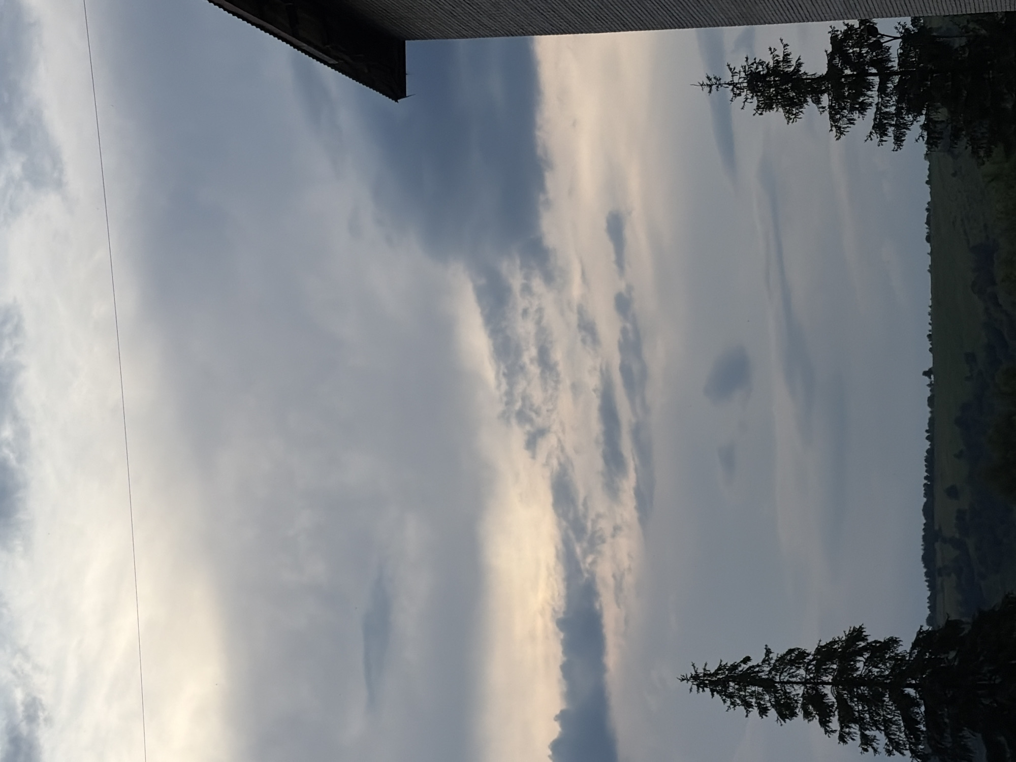 The image depicts an outdoor scene with a cloudy sky dominating the upper portion. A thin wire stretches horizontally across the sky. On the right side, the corner of a building, possibly made of brick, is visible with a dark, angled roofline. In the foreground, two tall, dark green pine trees stand on either side of the frame. Between the trees, a rolling landscape of hills and trees is visible against a gradient of sky colors, transitioning from a pale yellow-orange near the horizon to various shades of gray and blue clouds above. The overall lighting suggests it is either early morning or late evening. The location is identified as Unknown, Unknown.