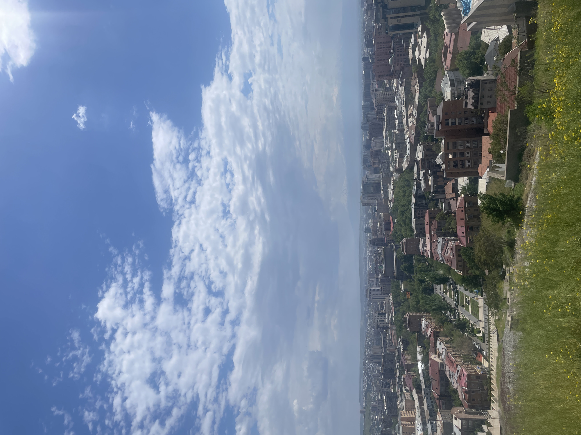 The image depicts an aerial view of a city, likely Yerevan, Armenia, due to the presence of distinctive architectural styles and urban layout commonly found in the city. The scene is composed of several elements: a clear blue sky with scattered clouds on the left side, a hazy atmosphere in the middle, and an urban area to the right.
The urban area consists of various buildings with different architectural styles, ranging from low-rise residential structures to high-rise commercial buildings. The buildings are densely packed, with narrow streets and alleys in between. The rooftops are mostly flat, and the buildings have a mix of colors, including red, brown, and white.
The scene also shows some greenery, with trees and shrubs scattered throughout the urban area. The trees are mostly deciduous, with lush green foliage. The shrubs are smaller and less visible, but they add to the overall greenness of the scene.
In the foreground, there is a grassy area with some yellow flowers. The grass is short and well-manicured, and the flowers add a touch of color to the scene. The grassy area appears to be part of a park or other public space.