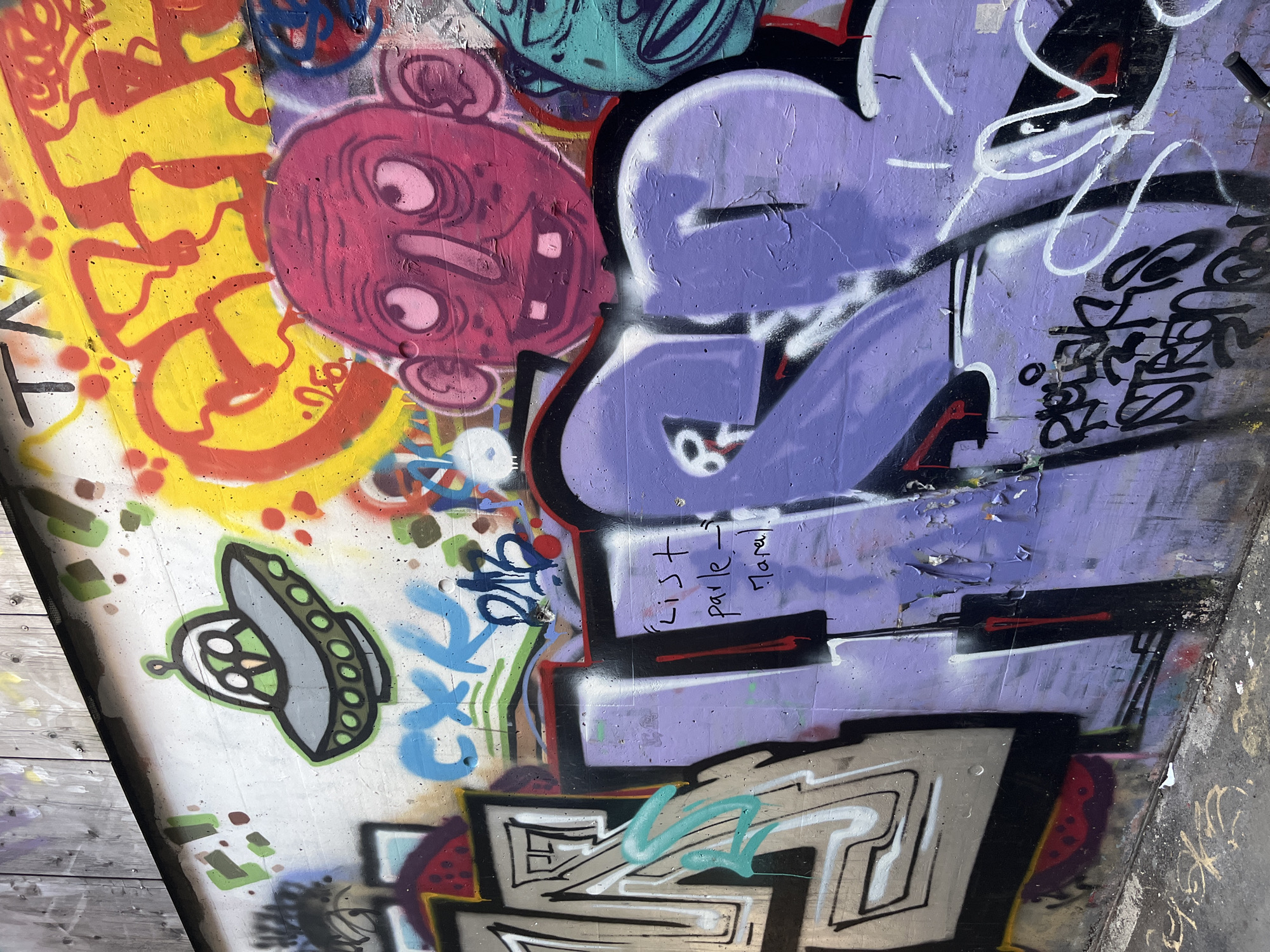 This image depicts a section of a concrete wall covered in graffiti. The graffiti includes various colorful spray-painted designs, tags, and images. Notable elements are: a cartoonish alien in a flying saucer on the upper left, a large pink face with wide eyes and protruding teeth in the center, and abstract lettering in purple and black. There are also smaller tags and markings in blue and green. The wall itself appears to be aged and textured, with some peeling paint. The ground in front of the wall is visible and appears to be asphalt or concrete with some dirt and debris. The overall impression is that of an urban environment where graffiti art is prevalent. The question of this image being located in Geneva, Switzerland, cannot be answered from the image itself.
