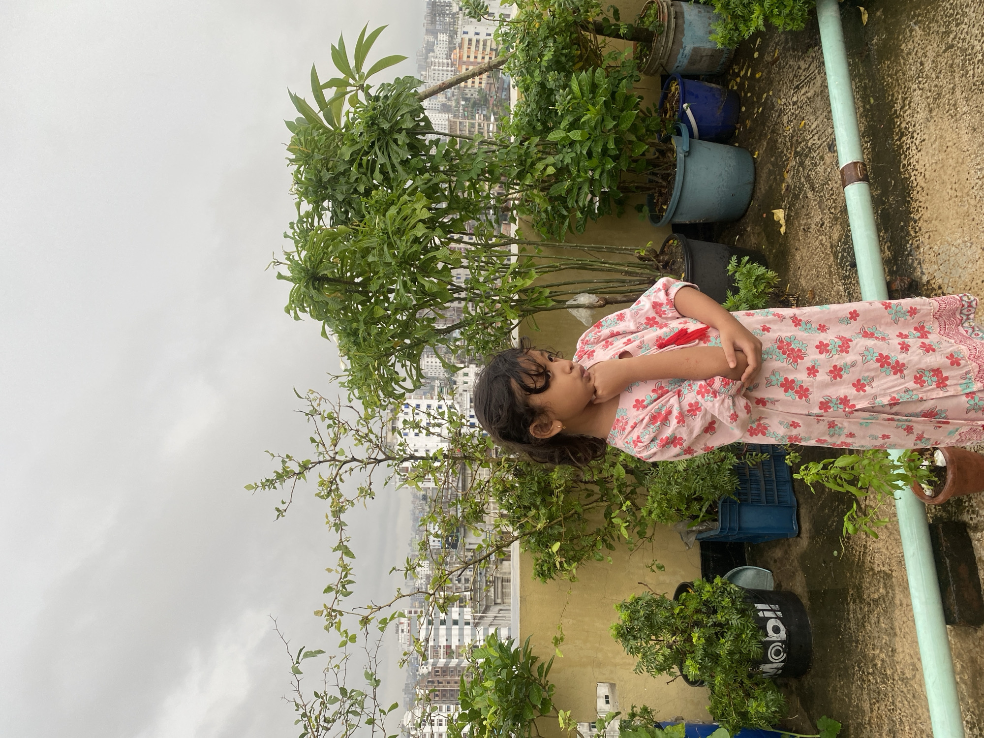 The image captures a young girl standing on a rooftop in Dhaka, Bangladesh. The girl, with dark curly hair and wearing a pink floral dress, is looking down with her hand touching her chin, appearing contemplative. She is positioned among various potted plants and trees, suggesting a rooftop garden. In the background, a dense cityscape of buildings, characteristic of Dhaka, is visible under a cloudy sky. The ground appears wet, possibly from rain. Various containers, including plastic buckets and crates, are used for planting. A light blue pipe runs horizontally across the foreground. The overall scene depicts a moment of quiet observation amidst the urban landscape.