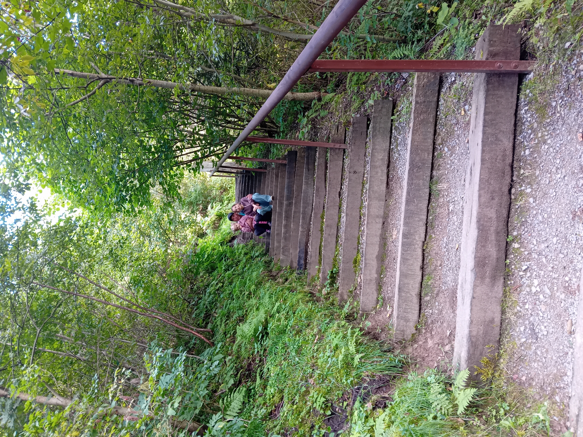 The image depicts a man and two young children sitting on a concrete staircase in a wooded area. The staircase is made of thick, rough-hewn concrete steps with gravel in between. A rustic metal handrail, painted brown, runs along the right side of the stairs. The stairs are surrounded by lush green vegetation, including ferns and trees, suggesting a natural, outdoor environment. The man, wearing a dark hat and a light-colored jacket, is seated on one of the upper steps, holding a young child in his lap. Another young child sits beside him. The children are dressed in casual clothing. The scene appears to be from the nature trails near Zuberec, Slovakia, a region known for its natural beauty and hiking opportunities.