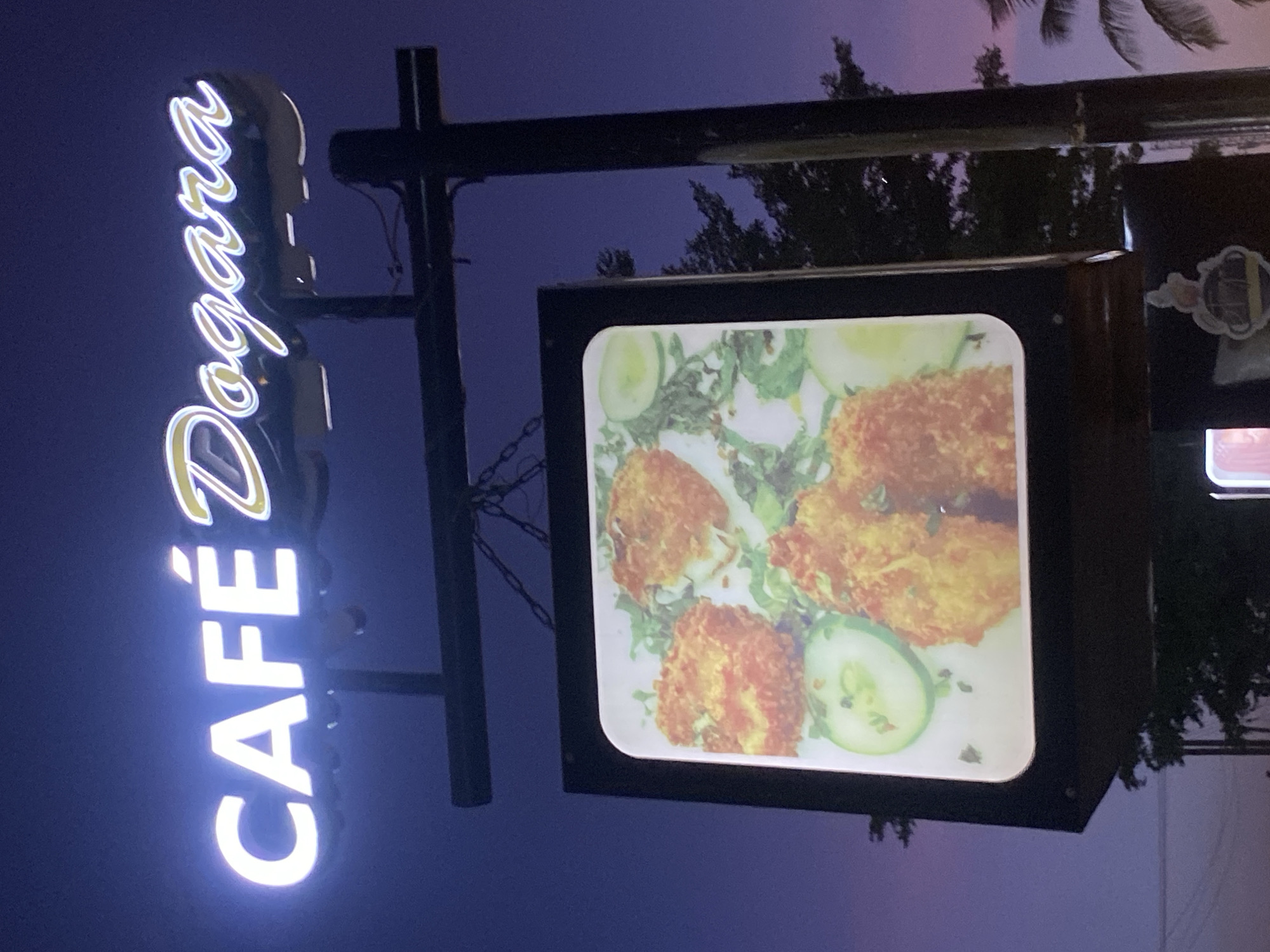 At night in Barden Yana, Nigeria, a neon sign that reads "CAFÉ Dogara" is vertically displayed on a metal post. A rectangular sign displaying an image of a food dish hangs perpendicular to the cafe sign. The food dish includes fried food with slices of cucumber and green herbs or leafy vegetables. Foliage is visible in the background.