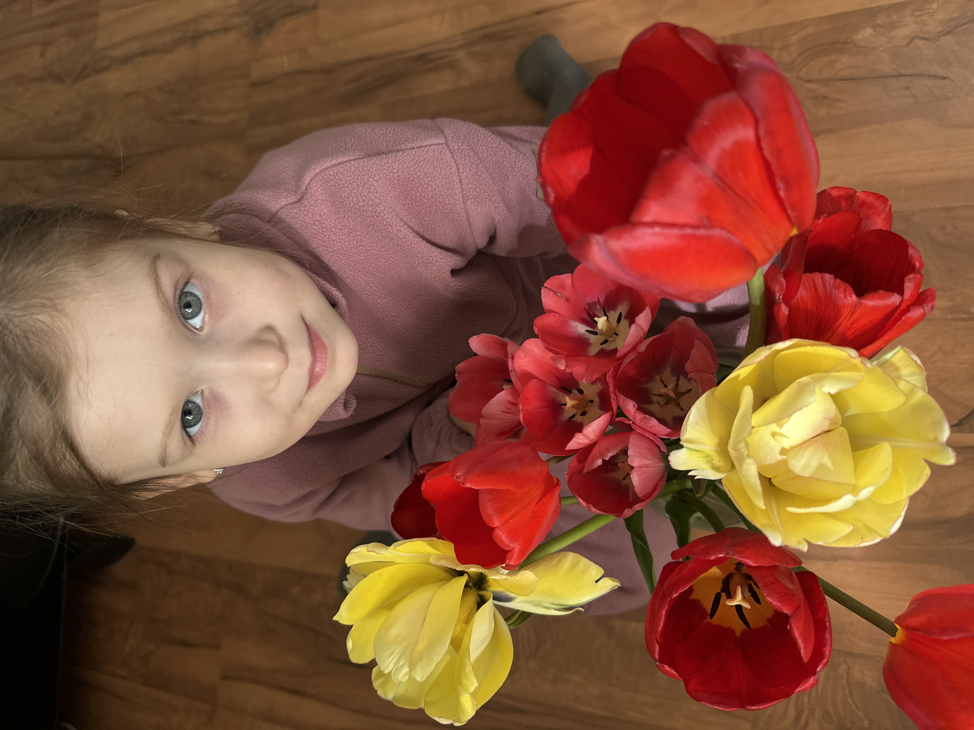 A top-down shot depicts a young girl in a pink fleece jacket, positioned to the left of a bouquet of red and yellow tulips. The backdrop is a wooden floor. No information indicates that this image was taken in Chaikovsky, Russia.
