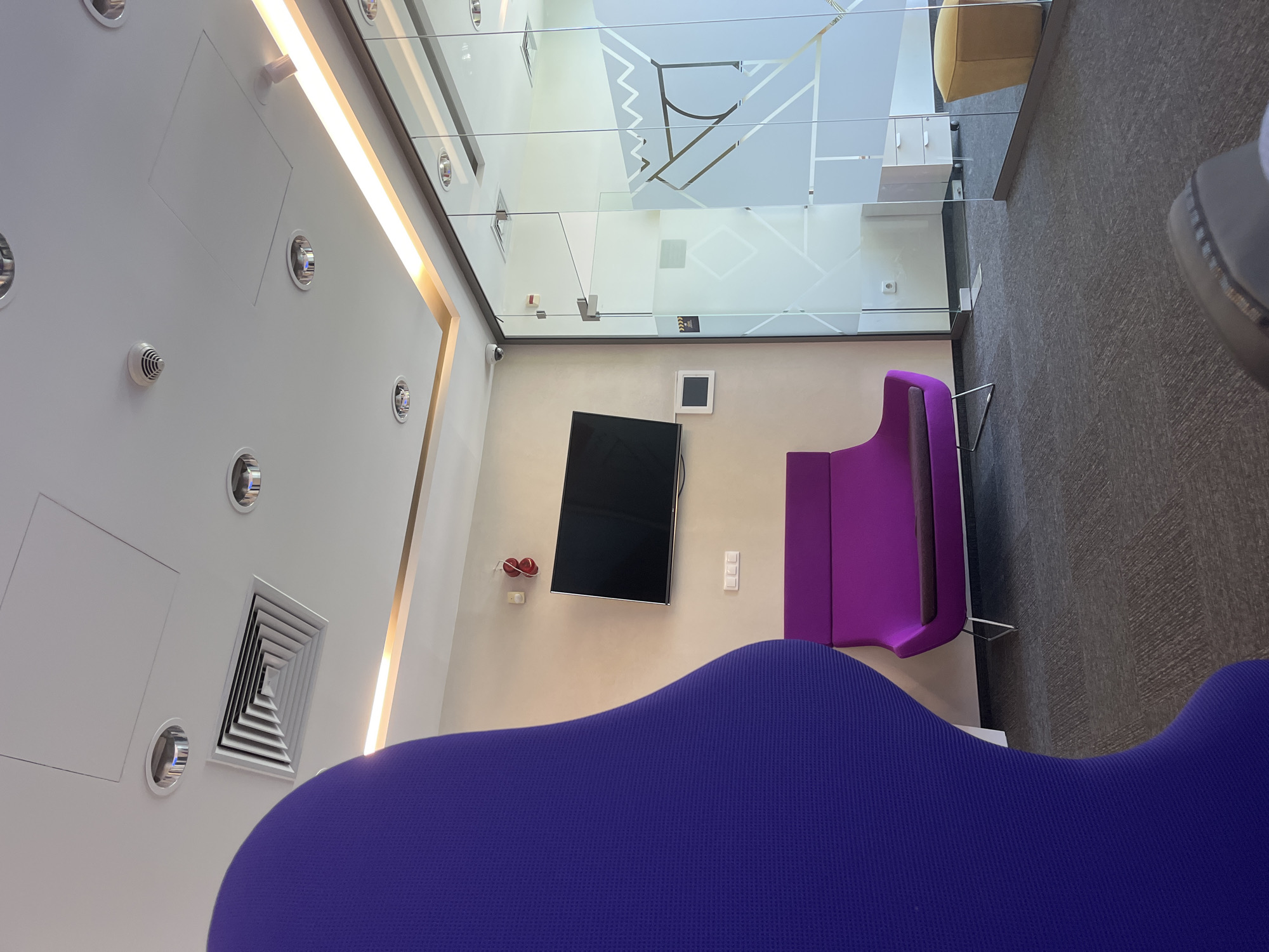 The image shows an interior scene with a modern design. There's a glass ceiling with a patterned design, under which there is a wall with a mounted television. Adjacent to the wall is a purple couch with metal legs. In the foreground, there's a large blue couch. The floor appears to be carpeted in a gray color. The ceiling has several recessed lights and an air vent.