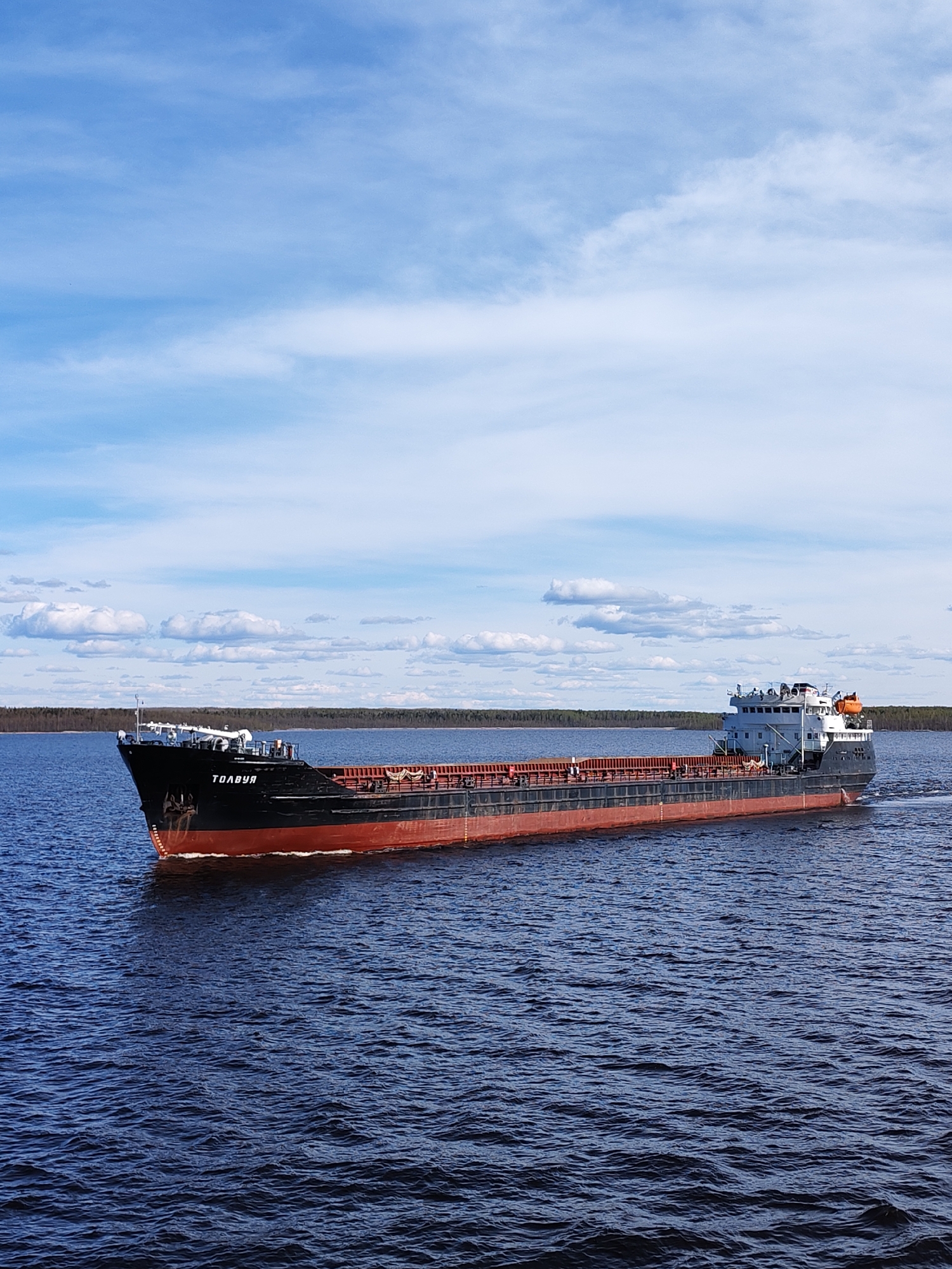 A long, black and red cargo ship, named "Toлвyя" on the bow, traverses a wide body of water. The water is dark blue with gentle ripples. The sky above is light blue with scattered white clouds. The ship is filled with orange containers. A thin line of dark green trees is visible on the distant shore. Based on the name "Toлвyя" and the location Gorushka, Russia, it is implied this is the name of a river.