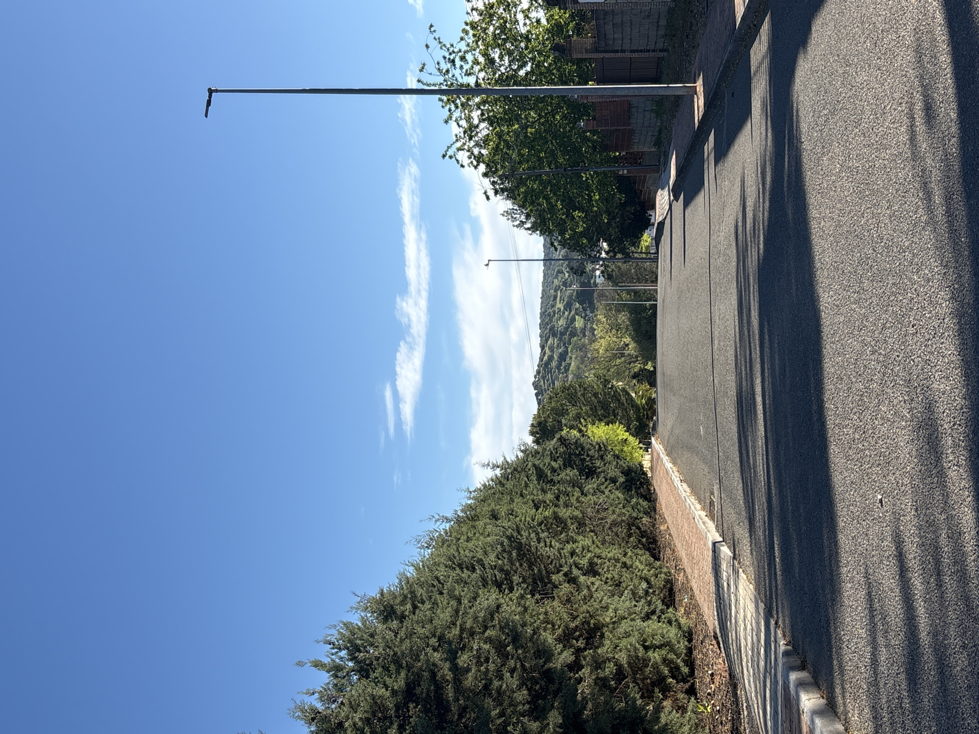 The image captures a street scene in Urbanización Encinares De Alcolea, Spain. The perspective is from street level, looking down the road. The road surface is asphalt. On the right, a wall is visible, casting shadows onto the road. On the left, a large green bush lines the street. Street lamps are positioned along the road at intervals. In the distance, a hill covered in trees is seen under a blue sky with some clouds. No people or other vehicles are visible.