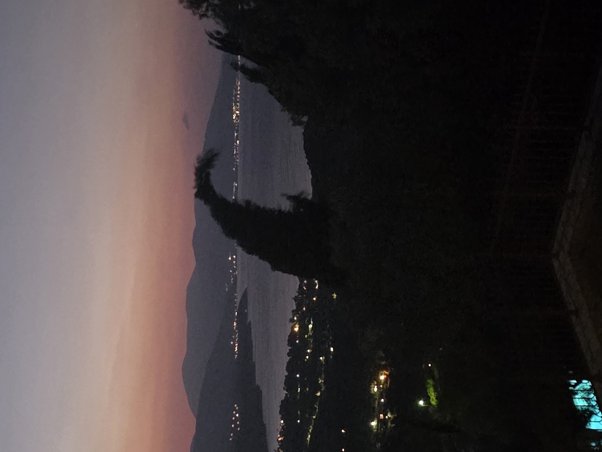 The image captures a twilight scene overlooking the Municipal Unit of Asini, Greece. In the foreground, dark silhouettes of trees and foliage dominate the lower portion of the frame, with a hint of glowing blue water and a railing suggesting a balcony or terrace. Beyond this, a bay or coastline is visible, dotted with numerous small, warm lights from buildings that line the shore and the hillsides. These lights create a festive, almost starry effect against the darkening landscape. Distant, hazy mountains form a backdrop, their forms softened by the fading light. The sky above transitions from a pale, almost lavender hue at the top to a warm, dusky pink near the horizon, indicating the end of sunset. The overall atmosphere is tranquil and picturesque, evoking a sense of a quiet evening overlooking a coastal settlement.