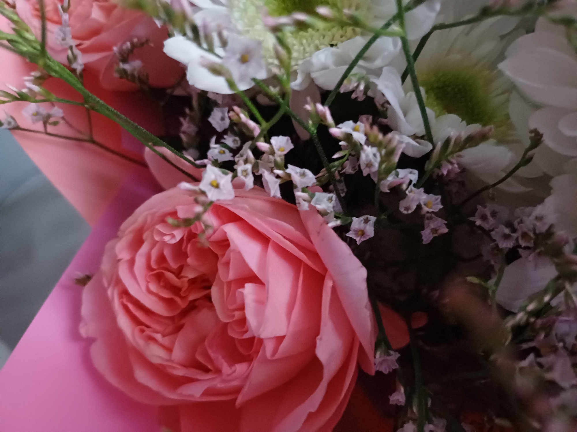 This is a close-up, overhead shot of a bouquet of flowers. The main subjects are the flowers themselves, which include a large, soft pink rose in the foreground, as well as smaller white and light pink flowers and greenery in the background. The flowers are arranged in a bouquet, likely a gift or decoration.
The lighting appears to be indoor, with soft, diffused light that highlights the delicate textures of the petals. The overall mood is gentle and perhaps romantic or celebratory, evoked by the soft colors and the classic beauty of the rose. There are no people or specific location cues visible in the image. The background is dark and out of focus, allowing the flowers to be the primary subject. The bouquet is presented against a pink wrapping paper, adding to the soft color palette. There is no visible text in the image.