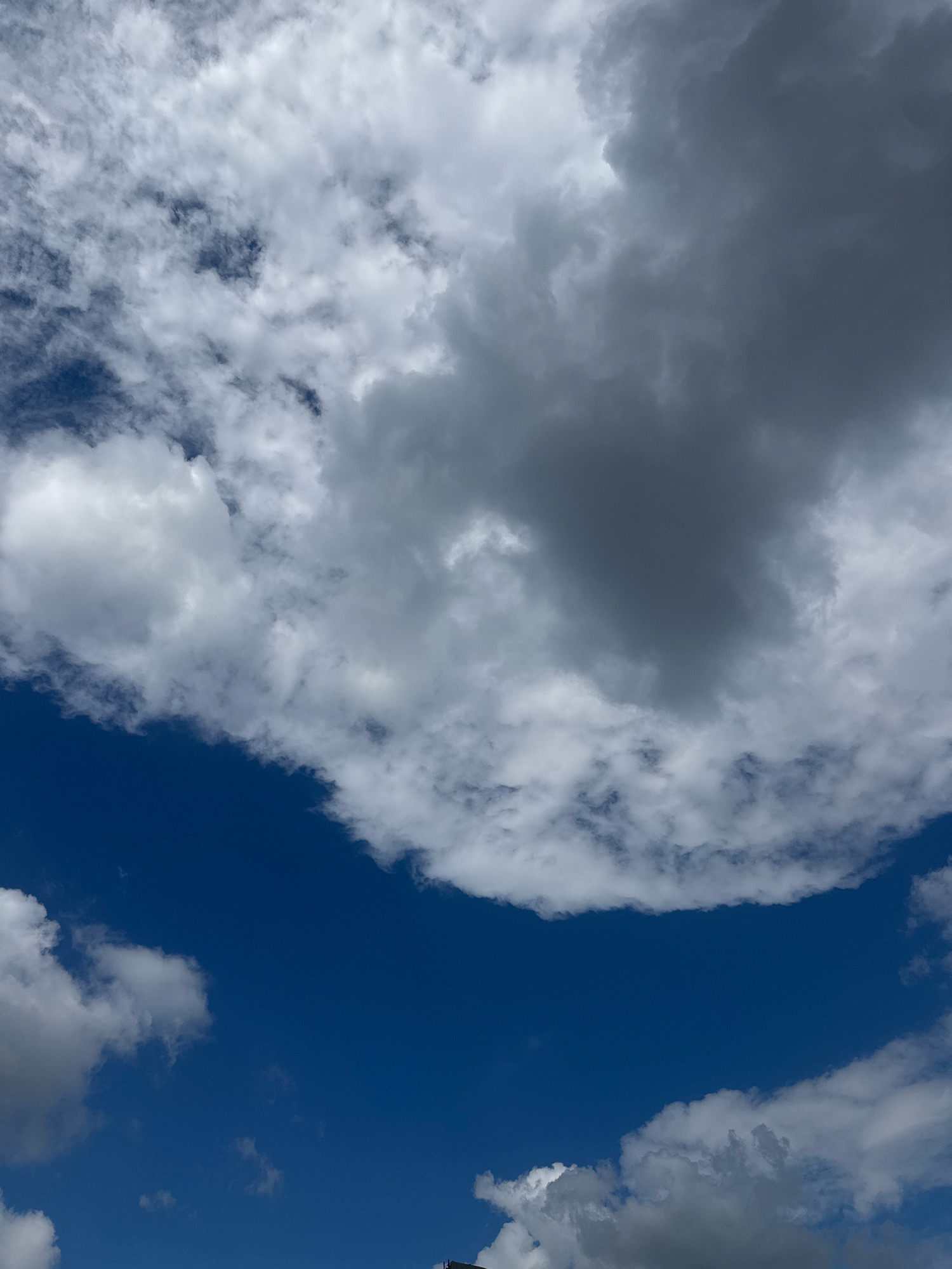 The image depicts a bright blue sky filled with a variety of clouds. Some clouds are white and fluffy, while others are darker and appear to be gathering, possibly indicating impending weather changes. The lower portion of the image shows a sliver of a dark structure that could be the roofline of a building. No people or distinct urban features are clearly visible. The scene is entirely focused on the sky and clouds.
