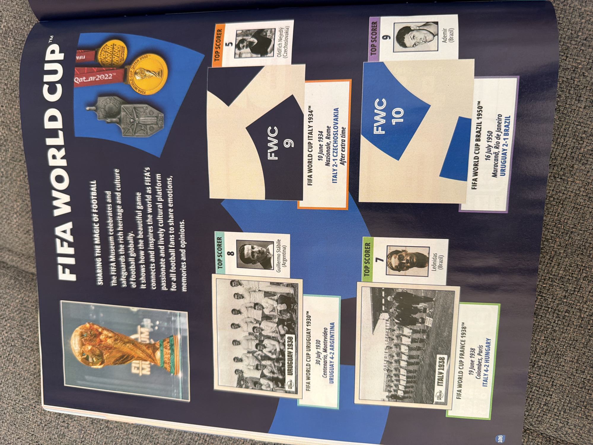 The image shows a page from a book or magazine about the FIFA World Cup. The background is dark blue with the title "FIFA WORLD CUP" prominently displayed in large white letters. To the left, there is a photograph of the FIFA World Cup trophy. To the right of the trophy, there are images of medals and an emblem.
The page is divided into sections detailing different FIFA World Cup events and top scorers.
One section features a black and white photograph of a football team with the text "URUGUAY 1930" below it. Adjacent to this is information about the FIFA World Cup Uruguay 1930, including the date, location (Centenario, Montevideo), and the final score (Uruguay 4-2 Argentina). A portrait of Guillermo Stábile (Argentina) is shown with the label "TOP SCORER 8".
Another section displays a stylized graphic with "FWC 9" and information about the FIFA World Cup Italy 1934, including the date, location (Nazionale, Rome), and the final score (Italy 2-1 Czechoslovakia) played "After extra time". A portrait of Oldřich Nejedlý (Czechoslovakia) is presented as "TOP SCORER 5".
Further down, there is a black and white photograph of another football team with "ITALY 1938" written below. Accompanying this is information for the FIFA World Cup France 1938, with the date, location (Colombes, Paris), and the final score (Italy 4-2 Hungary). A portrait of Leônidas (Brazil) is shown as "TOP SCORER 7".
Finally, a section with a graphic showing "FWC 10" is present, along with details for the FIFA World Cup Brazil 1950. This includes the date, location (Maracanã, Rio de Janeiro), and the final score (Uruguay 2-1 Brazil). A portrait of Ademir (Brazil) is labeled as "TOP SCORER 9".
A small "106" is visible in the bottom left corner of the image.
There is no indication of the city of Zlatitrap, Bulgaria, in this image.