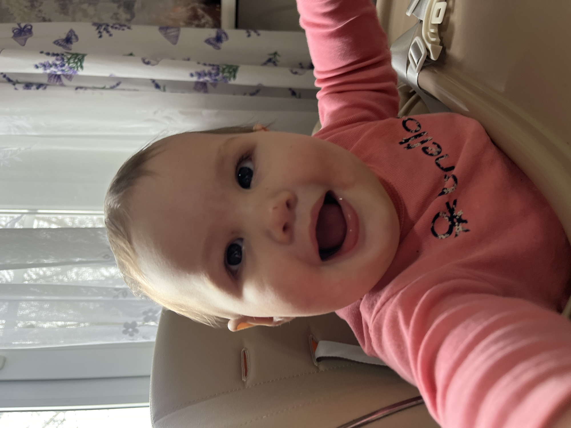 A baby with fair skin, seated in a high chair, is the central subject of the image. The baby is wearing a long-sleeved pink shirt with a design on the chest. The baby's mouth is open, appearing to be smiling or laughing. The high chair is beige with white straps. In the background, there is a window with white blinds. The blinds have a lavender pattern. The location is potentially Novopokrovskaya, Russia, but this cannot be confirmed from the image.