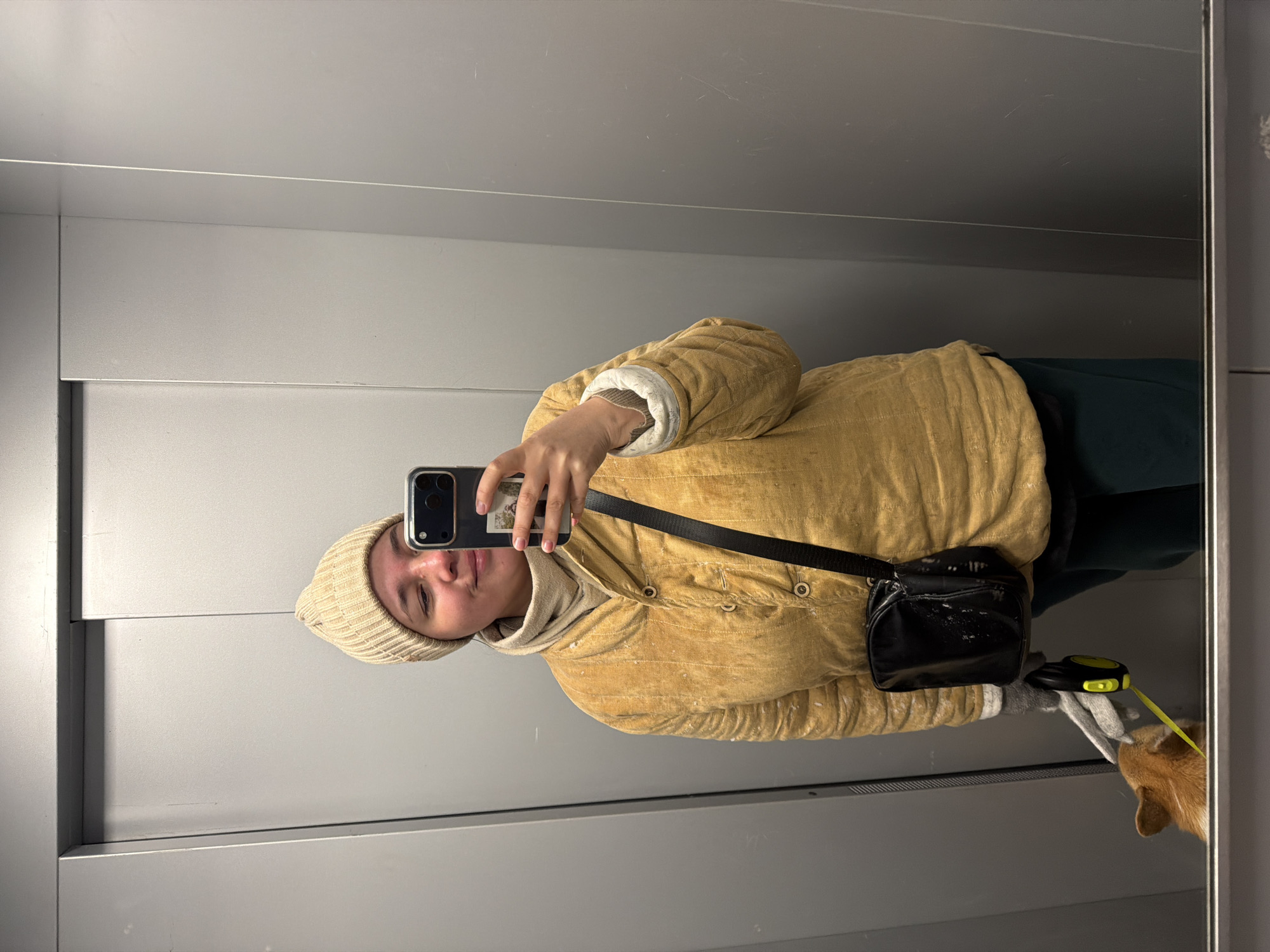 A person wearing a beige beanie and a yellow quilted jacket with a black shoulder bag is taking a selfie in what appears to be an elevator. A dog's head is visible at the bottom right, with a retractable leash. The elevator walls are light grey metal. The location is potentially Chaikovsky, Russia.