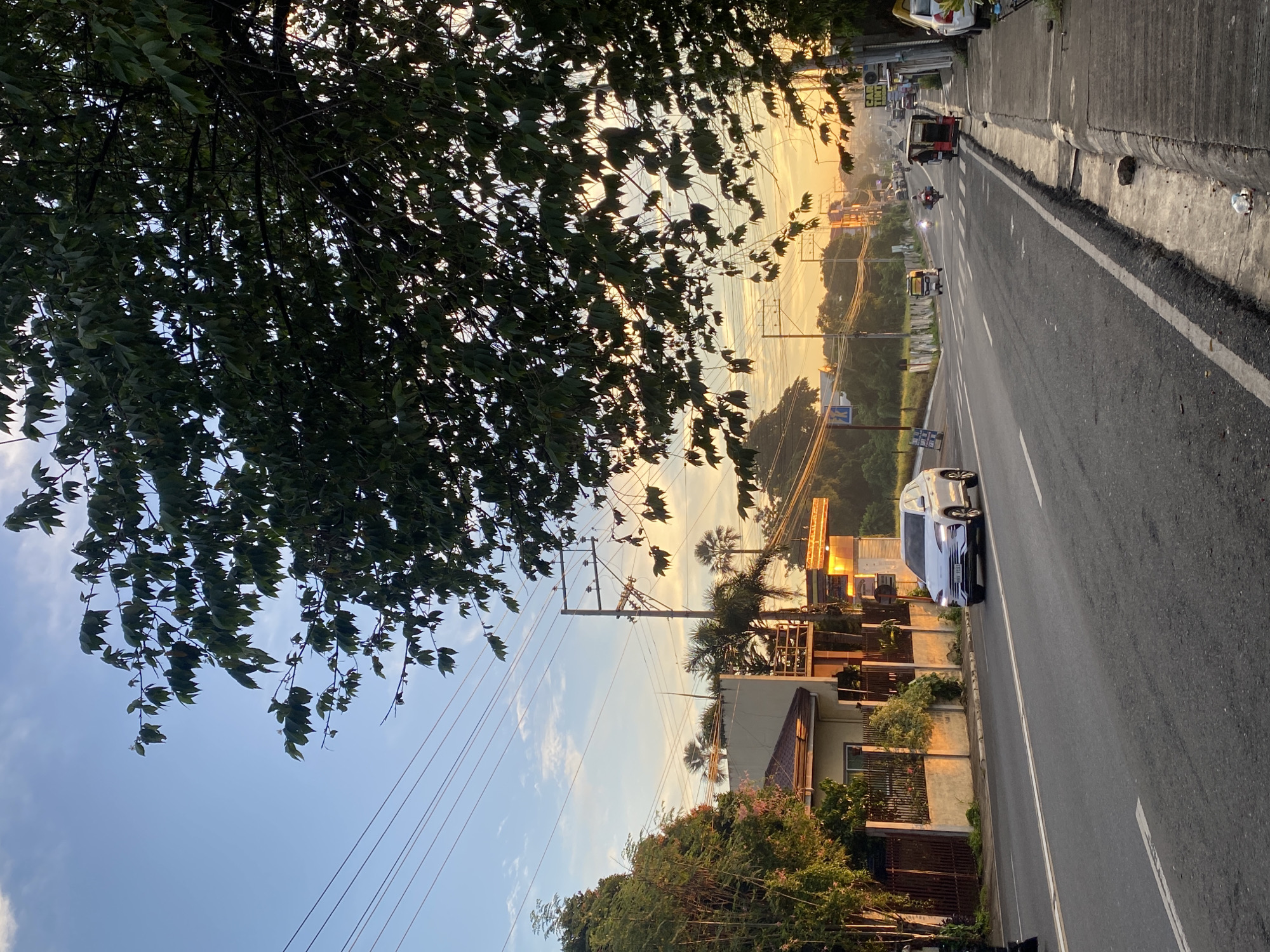 This image captures a street scene in Davao City, Philippines, during what appears to be either sunrise or sunset. The sky displays a gradient of blue and warm golden hues, indicative of the sun's low angle. A prominent tree with dark green leaves occupies the foreground, partially obscuring the view of the sky and the background.
The street is paved and features multiple lanes, with traffic moving in the distance. A white SUV is seen driving on the right side of the road. Along the left side of the street, there are residential structures with beige walls and brown roofs, bordered by a fence and lush vegetation. Utility poles with numerous wires are visible along the roadside, a common sight in Philippine urban landscapes.
Further down the road, several vehicles, including a motorcycle and a few tricycles (a common mode of public transportation in the Philippines), are present, suggesting moderate traffic. The sidewalks appear utilitarian, with some debris visible. The overall environment suggests a typical urban setting in Davao City, characterized by a mix of residential areas, businesses, and public infrastructure. The presence of palm trees interspersed with other foliage adds to the tropical atmosphere of the location.