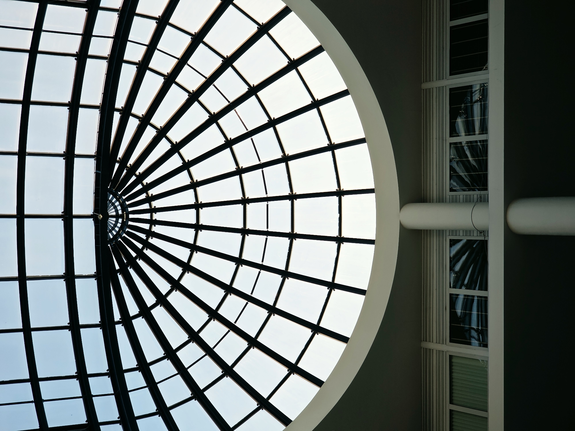 This media file shows a low-angle, wide shot of a modern architectural interior, focusing on a large, circular skylight. The skylight is composed of a dark, grid-like metal frame supporting numerous glass panels, which allow natural light to filter in. The geometric patterns of the frame create a visually striking contrast with the curved outer edge of the skylight, which transitions into the surrounding architecture.
To the right of the skylight, the architecture is darker and more solid, featuring a large, curved beam or pillar. Adjacent to this is a section of wall with several rectangular windows. These windows contain what appear to be blinds or louvers, and some reflect the interior space, showing indistinct shapes and patterns, possibly foliage or draped fabric. The lighting suggests it is daytime, with the bright light from the skylight illuminating the space. The overall mood is one of architectural grandeur and a sense of spaciousness, with a focus on light and form. There is no visible text in the image.