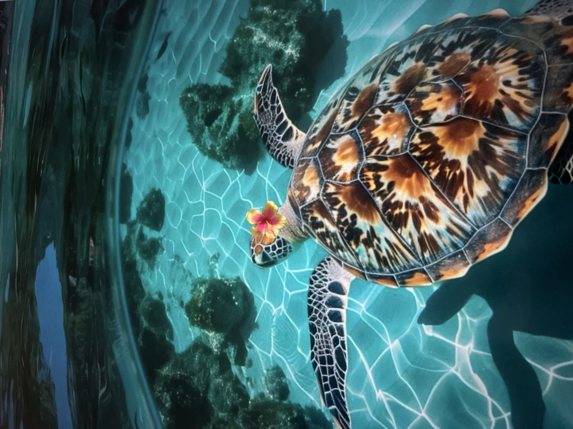 An overhead, extreme close-up shot shows a sea turtle swimming in clear, turquoise water. The turtle is facing left with its head slightly lowered. A small, pink and yellow flower is perched on top of its head, just behind its right eye. The turtle's shell is a vibrant mix of brown, orange, and black, with a detailed, hexagonal pattern. The water is illuminated by sunlight, creating rippling patterns on the sandy bottom. Dark, rocky formations are visible scattered across the seabed. The scene is depicted from an underwater perspective, with the surface of the water visible at the top of the frame, showing reflections and a darker, submerged area above.