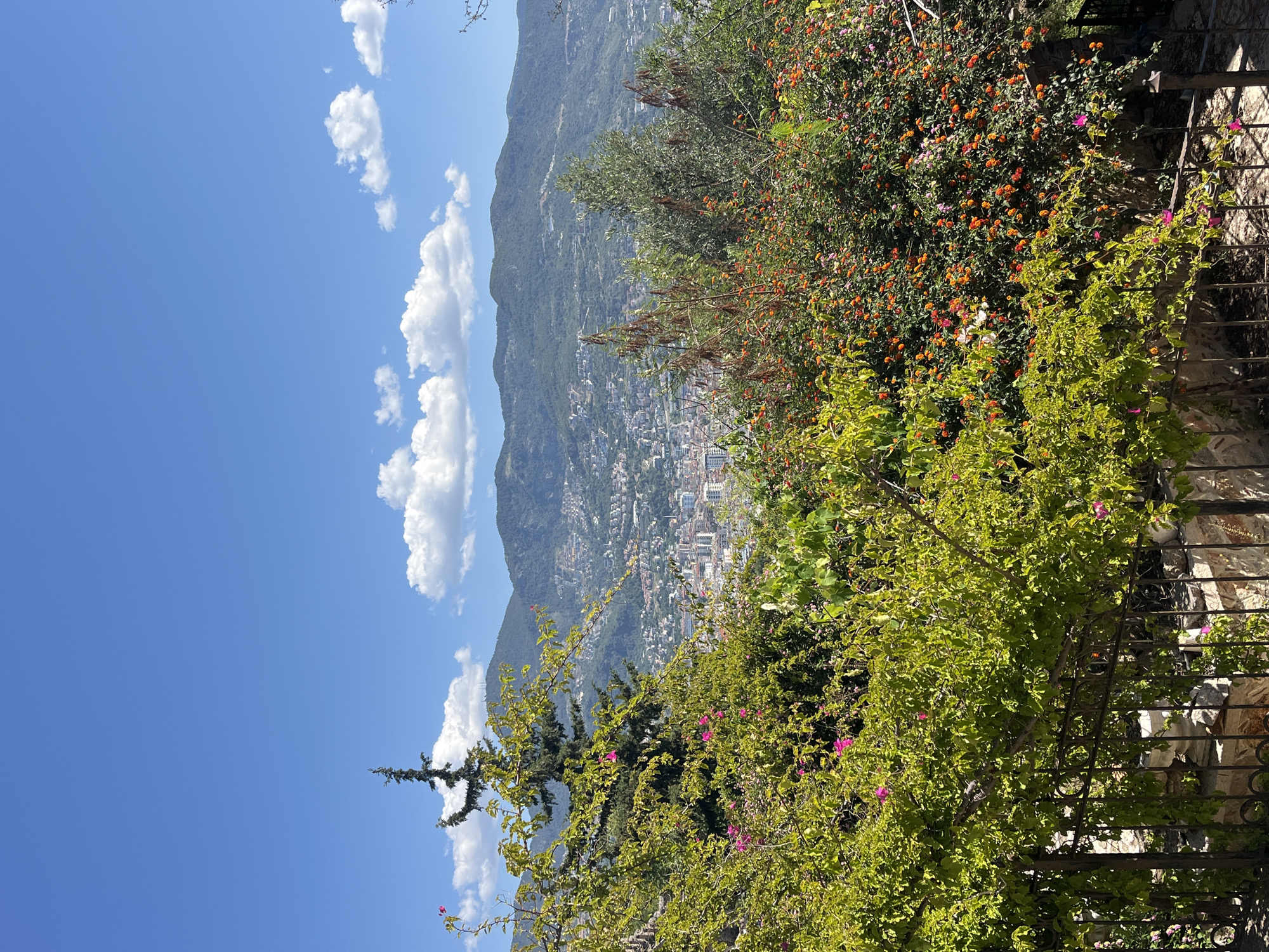 The image shows a view from a hillside in Alanya, Turkey, looking down towards the city. The sky is blue with scattered cumulus clouds. A mountain range forms the backdrop. Lush greenery, including flowering plants with orange and pink blossoms, is prominent in the foreground, growing along a stone wall with a metal railing. The city of Alanya is visible in the distance, nestled at the base of the mountains. Buildings and infrastructure are discernable within the urban landscape.