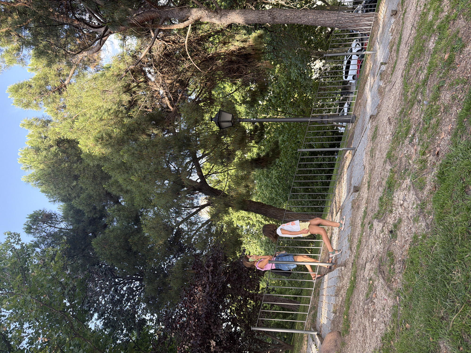 The image depicts an outdoor scene on a bright day, likely in a park or green space within Madrid, Spain. In the foreground, two girls are walking up a paved pathway that is bordered by a metal fence. The girl on the left, wearing a pink top and blue shorts, is holding a phone to her ear. The girl on the right, wearing a white t-shirt and yellow shorts, is walking ahead of her. Both are dressed casually in sandals.
The pathway ascends a gentle slope, with loose gravel and some grass on either side. The environment is lush and green, with a variety of trees providing shade, including what appear to be pine trees with their characteristic needles. In the background, beyond the fence, a street is visible with a few parked cars, including a white van and a black car. A traditional black street lamp stands along the pathway. The sky is a clear blue. The overall impression is a sunny day in a well-maintained urban park.