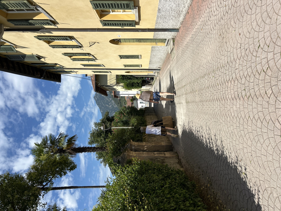 The image captures a sunlit, narrow paved street in Abbadia Lariana, Italy. Two individuals are observed from behind, walking away from the camera. The person on the left wears a white top and patterned skirt or shorts, pulling a large, light-brown wheeled bag or cart. The person on the right wears blue patterned shorts, a light-colored shawl draped over their shoulders, and a light-colored straw hat.
The street surface consists of light-colored pavers arranged in a repeating fan or radial pattern. On the left, a dense green hedge borders a stone wall with an ornate, arched gate. Two tall trees, one distinctly a palm, rise above the hedge line. A streetlamp pole is visible further down the path. On the right, a multi-story building with a light yellow stucco facade presents multiple windows fitted with closed, dark green wooden shutters. A dark green entrance door with the number "42" affixed is visible towards the foreground. The building's base features a grey, textured finish. In the background, distant mountains are visible under a blue sky with scattered white clouds. Strong sunlight casts distinct shadows from the foliage and the pedestrians onto the paved street.