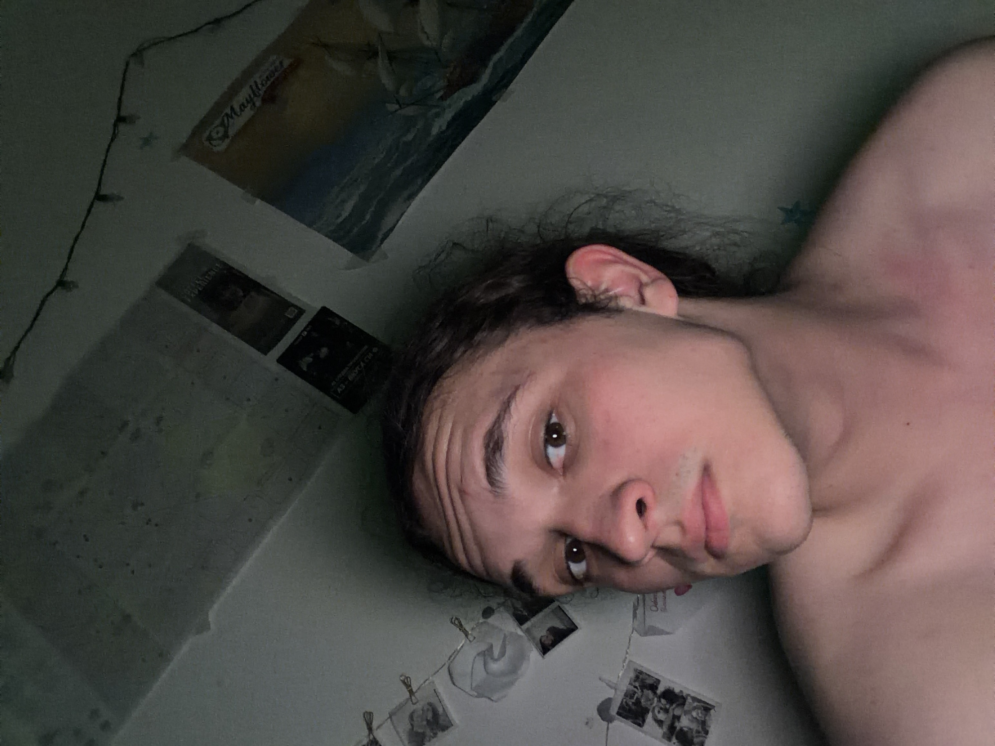 A dimly lit, angled, close-up selfie shows a shirtless person with brown hair and eyes lying on a surface in a room. Behind the person are wall decorations: a poster labeled "Mayflower," other posters, photographs clipped to a string, and a string of lights. No indication of Sofia, Bulgaria is visible.