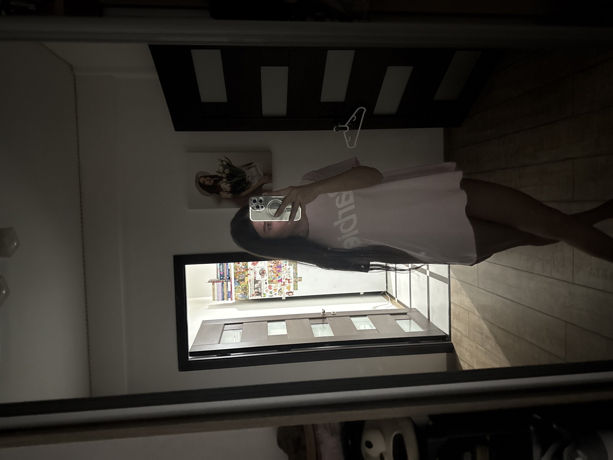 In a dimly lit room, a person is standing in front of a large mirror, taking a selfie with a smartphone. The person is wearing a light pink oversized t-shirt. The room appears to be a hallway or an entrance area. To the left, a door with glass panels is visible, and beyond it, shelves filled with books and various items can be seen. To the right, another dark-colored door with horizontal rectangular panels is present. A white clothes hanger is affixed to this door. The floor is wooden and there are shadows cast on it. On the wall, a framed picture of a woman wearing a hat and holding flowers is displayed. The overall impression is of a private space, possibly a residential interior in Chișinău, Moldova.