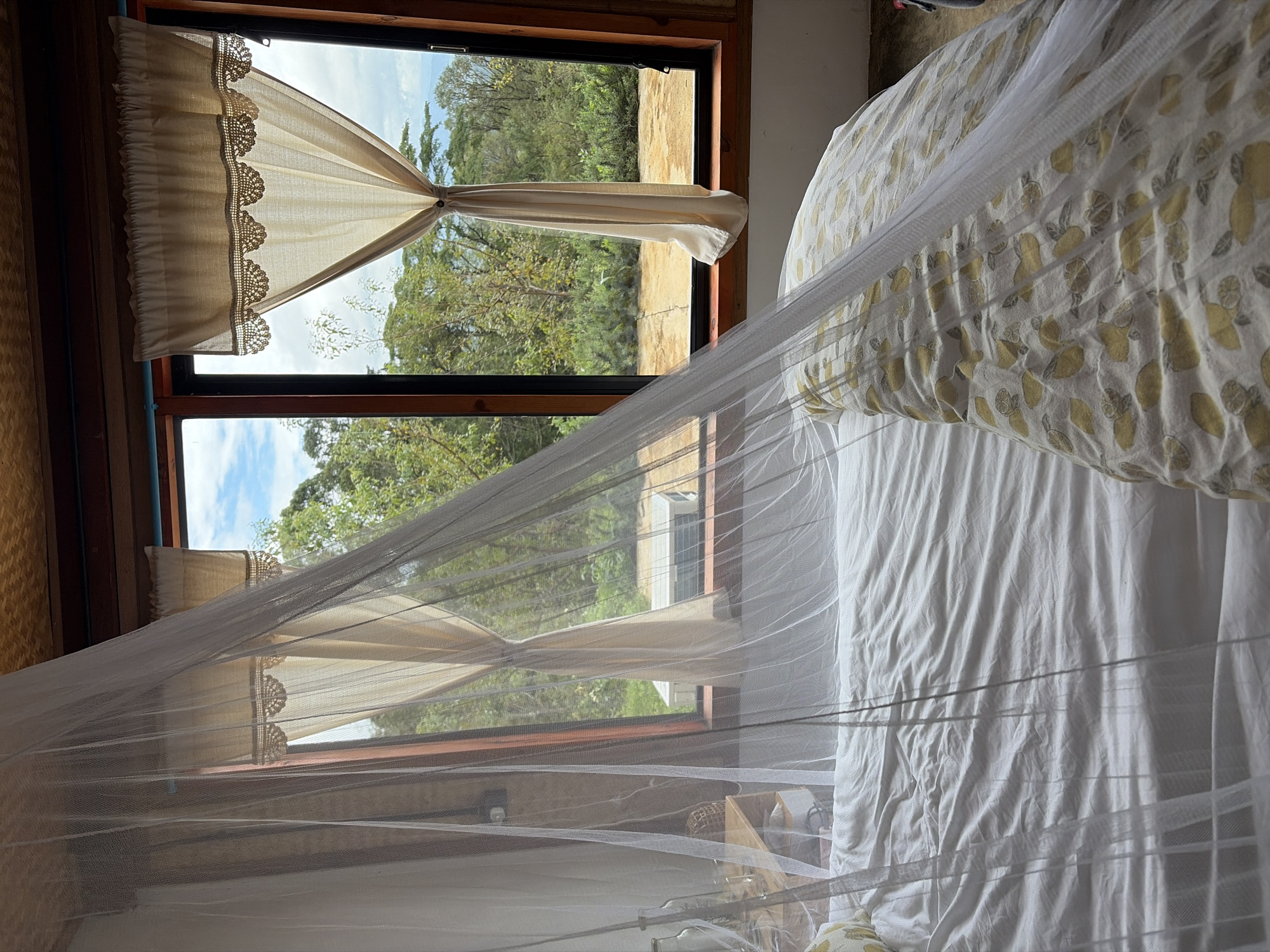The image depicts the interior of a bedroom, likely in a bungalow or guest house, with a prominent view of the natural landscape outside. The room features a bed covered with white linens and a pillow with a yellow and white lemon pattern. A sheer white mosquito net is draped over the bed, obscuring parts of the view.
Through a large window with wooden framing, a lush green forest and trees are visible under a partly cloudy sky. The window is partially covered by beige curtains with decorative lace trim. In the middle ground outside the window, there appears to be a concrete patio area and what could be an outdoor air conditioning unit. The ceiling of the room is made of woven material. The overall impression is one of a simple, tranquil accommodation with an emphasis on outdoor views. The location is identified as Ban Khun Wang, Thailand. There are no people or actions captured in the scene.