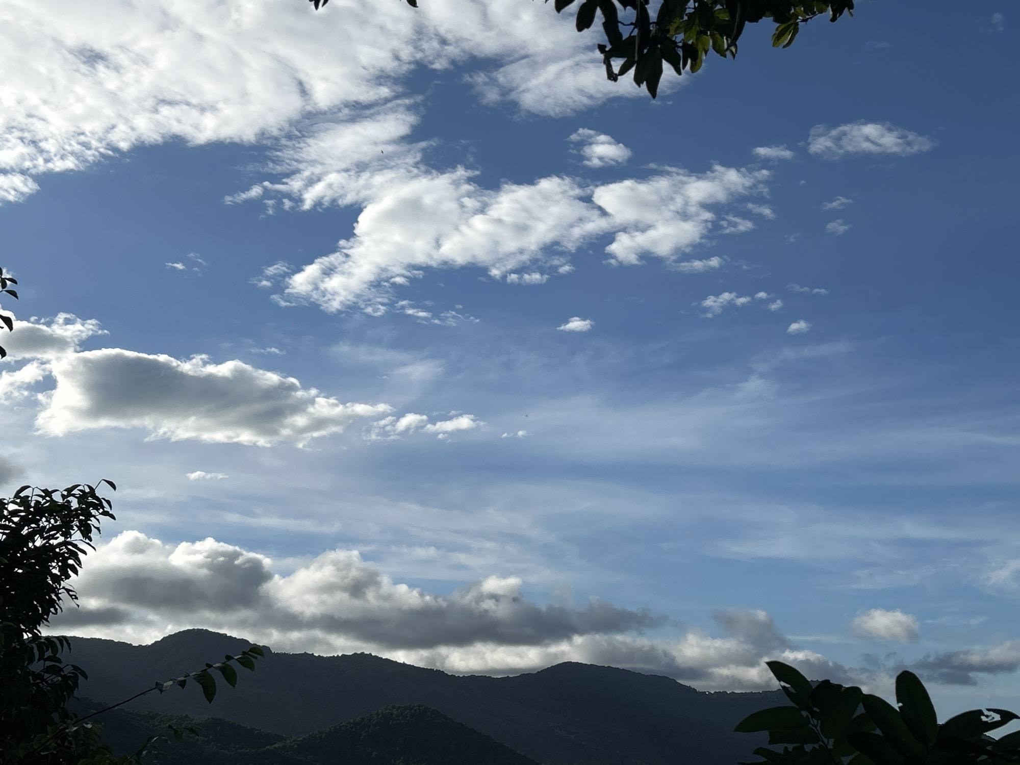 The image shows a daytime view of the sky over the hilly landscape of ตำบลเกาะพะงัน, Thailand. The sky is blue with scattered white clouds. In the foreground, there are silhouettes of tree branches and leaves. The hills are covered in dense green vegetation and appear dark in the image.