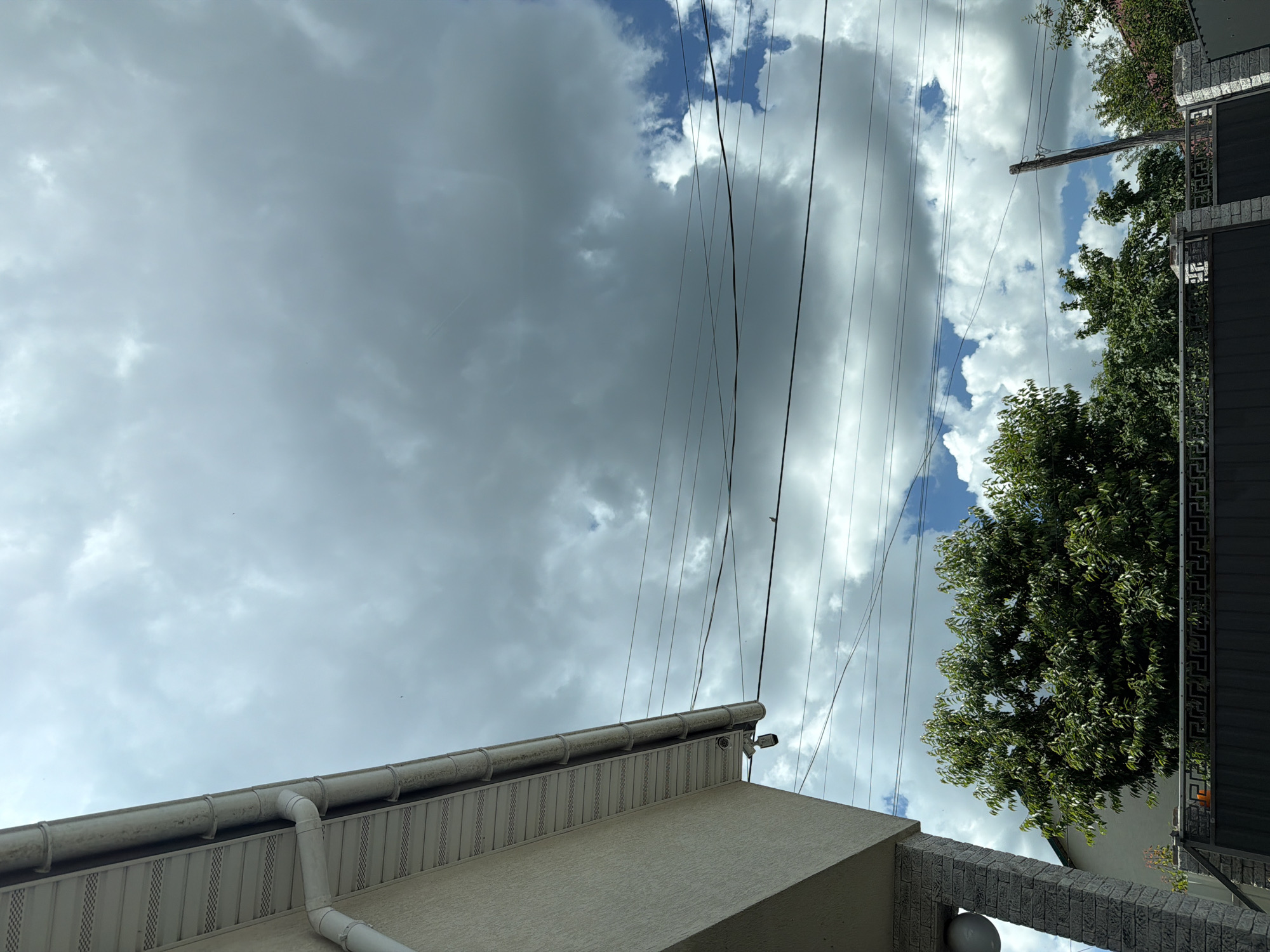 This is an exterior, eye-level, medium shot of a cloudy sky above a residential area in Bila Tserkva, Ukraine. The perspective is looking upwards, with the left side of the frame dominated by the eaves and downspout of a light-colored house. Power lines crisscross the sky. In the middle ground, a dense green tree is visible behind a dark metal fence with a decorative top. To the right, a wooden utility pole stands against the sky. The overall atmosphere is overcast, with patches of blue sky peeking through the clouds.
