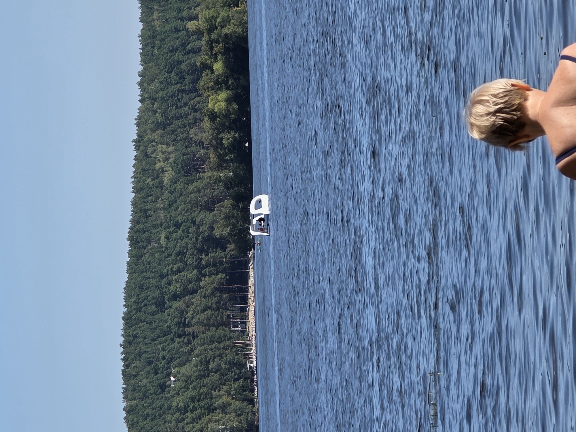 An exterior, eye-level, medium shot shows a bright, sunny day over a body of blue water with moderate waves. In the foreground, the back of a woman's head and shoulders is visible as she looks out at the water. She has short, blonde hair and is wearing a dark swimsuit. In the mid-ground, a white, pod-like boat with a dark opening is on the water, with at least two people visible inside. Further in the background, a densely wooded shoreline with green trees stretches across the horizon under a clear blue sky. A few buildings and some small structures are visible along the shoreline. The overall impression is one of a peaceful day on the water.