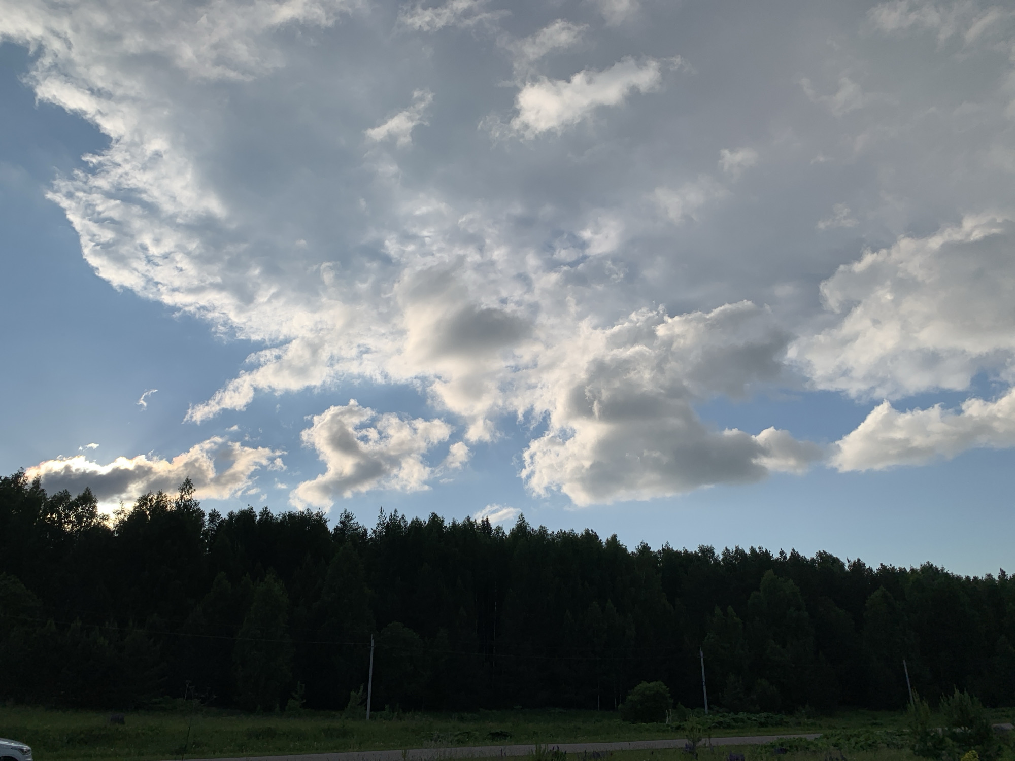 The image captures a serene natural landscape in Bol'shoi Bukor, Russia, under a dynamic sky. The scene is bisected horizontally, with the vast sky occupying the upper two-thirds and a dense forest forming the lower third.
The sky is a prominent feature, filled with a diverse array of clouds. Bright, fluffy white cumulus clouds contrast with broader, greyer stratocumulus formations, indicating a mix of weather conditions. Patches of clear, light blue sky are visible, particularly towards the left and upper right. On the far left, the sun, partially hidden by clouds and trees, casts a radiant glow, illuminating the edges of the clouds and suggesting late afternoon or early evening.
Below the sky, a dark and uniform forest line stretches across the entire width of the frame. The trees, predominantly coniferous, appear as a deep green, almost black, silhouette against the brighter sky, emphasizing the backlighting from the setting or rising sun. Below the forest, a narrow strip of green vegetation, possibly a field or roadside, is visible, with hints of a road or path running horizontally near the bottom edge. Faint outlines of utility poles or power lines can be seen both within the forest and along the ground strip. In the very bottom-left corner, a small section of a white vehicle is partially visible. No specific activity is taking place, and there is no visible text within the image. The overall impression is one of natural beauty and tranquility, with the dramatic cloudscape adding depth and atmosphere to the rural setting.