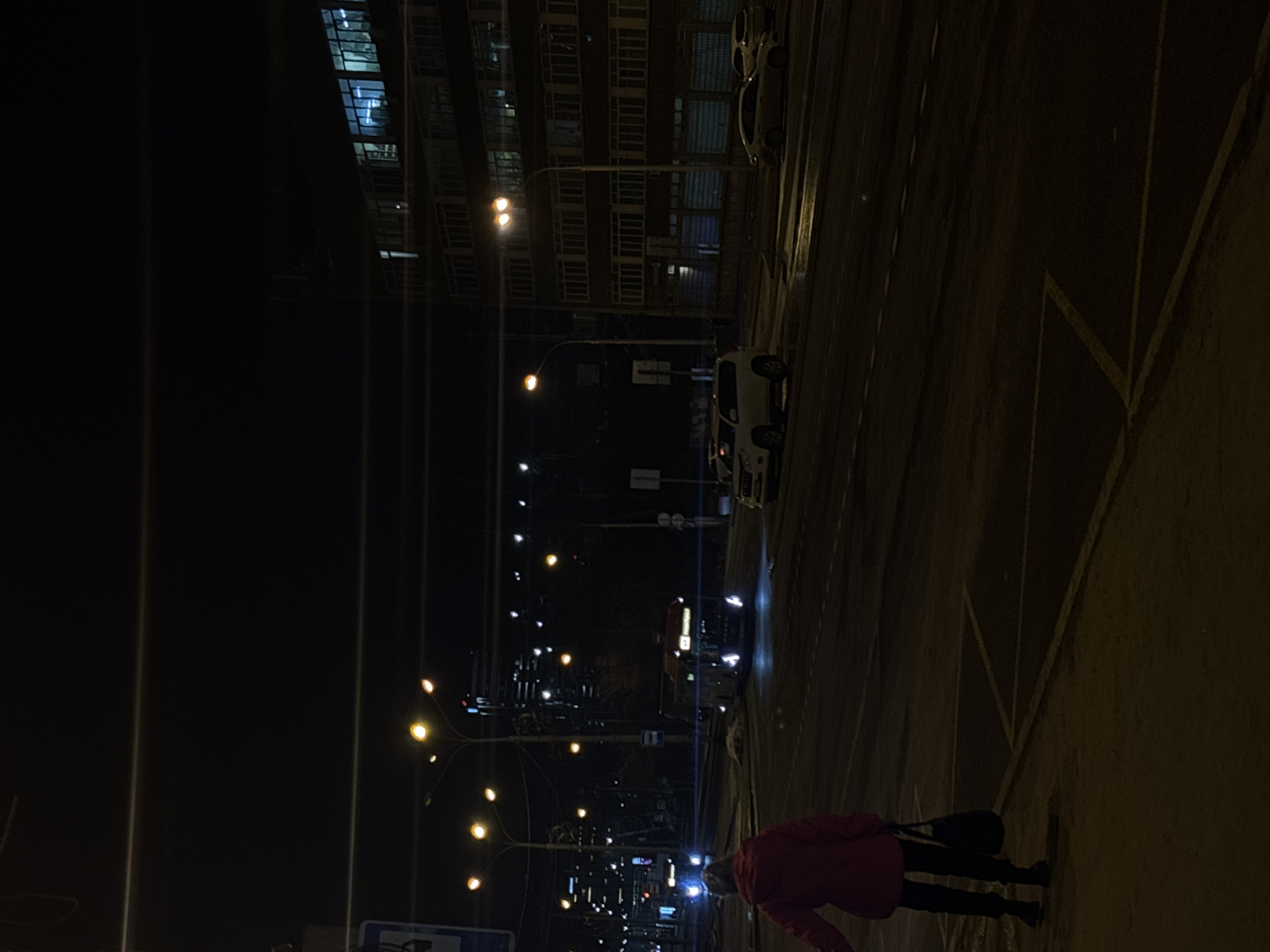 The image captures a night scene in Perm, Russia, as indicated by the street sign. The photo is taken at street level, with a person wearing a red jacket and carrying a dark-colored bag walking along the sidewalk. The background features a building with lighted windows, typical of an urban setting, and streetlights that illuminate the road. Several parked cars are also visible alongside the road. The environment is dark, with artificial lighting being the primary light source.