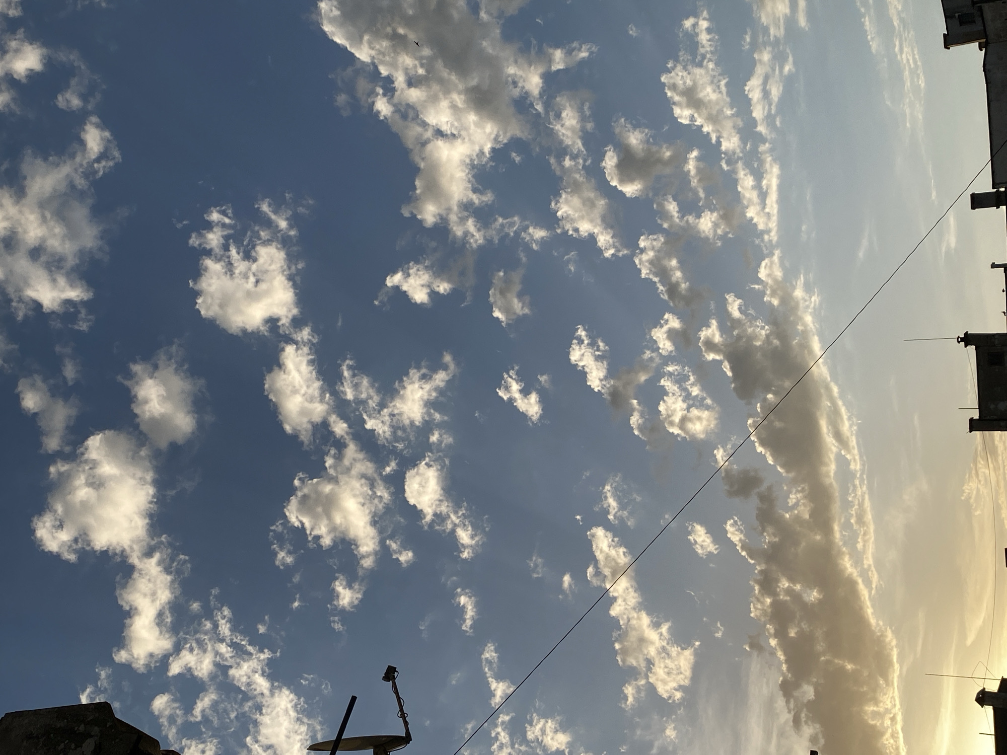 A low-angle shot captures a sky filled with scattered altocumulus clouds. The sky transitions from a deep blue on the left to a lighter, almost golden hue on the right, suggesting a sunrise or sunset. Silhouetted building tops are visible in the lower left and upper right corners, indicating an urban setting. A thin cable stretches diagonally across the frame. A small bird is flying in the sky, on the top left. The image was taken at a location in Pleven, Bulgaria.