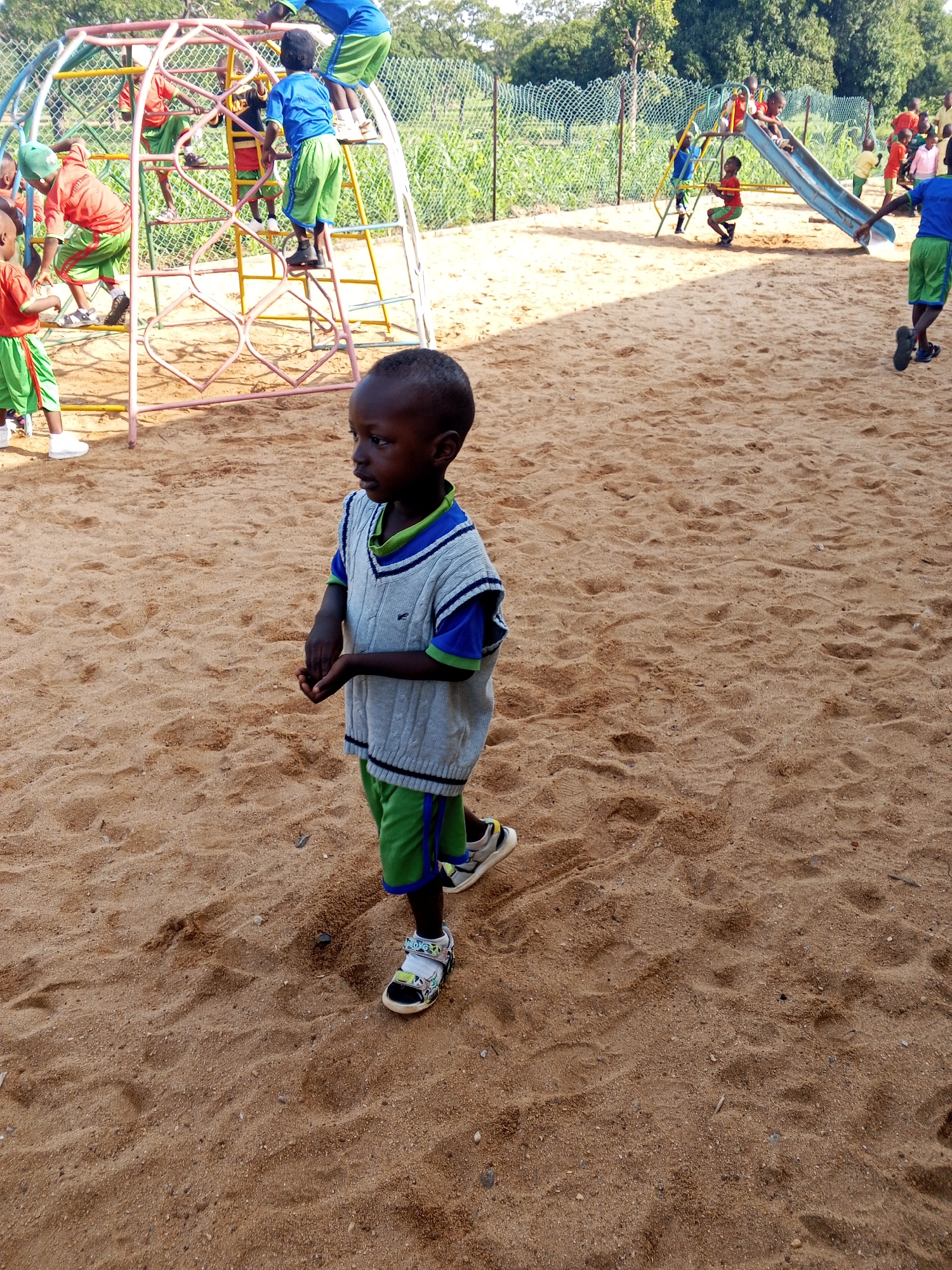In Akwanga, Nigeria, a group of young children are engaged in outdoor play on a sandy playground. The main subject, a young boy in the foreground, stands facing right, his hands clasped loosely in front of him. He wears a gray sleeveless sweater vest over a blue shirt, paired with green shorts and sandals. Behind him, other children are actively playing on a colorful jungle gym and a blue slide. One child in a blue shirt and green shorts is on the slide, while others are climbing and maneuvering on the jungle gym structures. The playground is covered in fine sand, with a chain-link fence visible in the background, enclosing the play area and beyond it, lush green vegetation. The scene depicts a typical day at a children's recreational facility in the region.