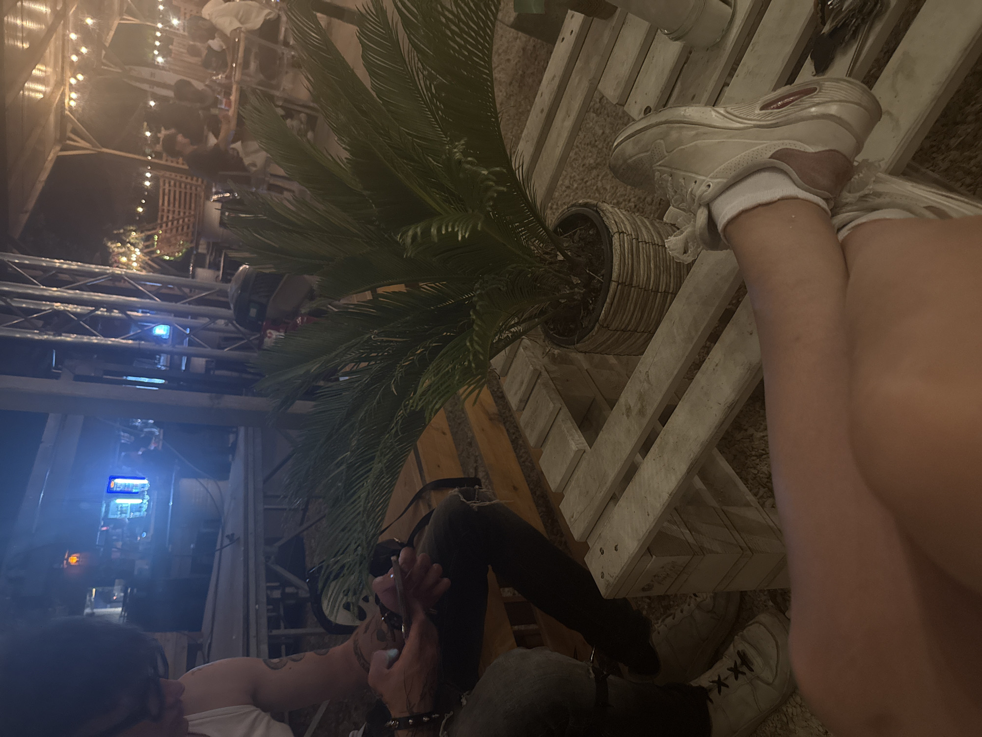 The scene, likely captured at night in Casalmaggiore, Italy, shows a partially obscured view of an outdoor gathering. At the forefront is a potted palm plant sitting on a white wooden pallet-style table. A person is seated at the table, with bare legs crossed and wearing white athletic shoes with socks.
Across the table, another person is also seated, clad in jeans and sneakers. This individual is holding a smartphone and appears to be engaged in an action, possibly taking a picture. The person is wearing glasses. A tattoo is visible on one arm.
In the blurred background, the setting is a venue or outdoor event, likely featuring stage lighting and possibly other attendees. The scene has a relaxed and casual atmosphere.