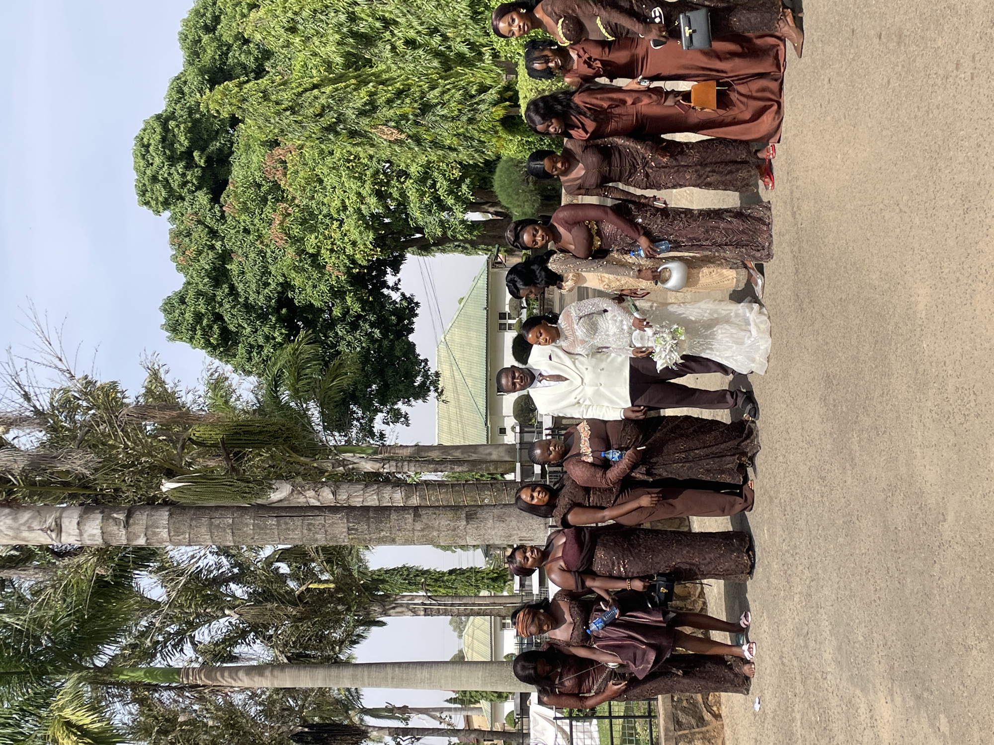 A photograph shows a wedding party posed outdoors in Jos, Nigeria. The group consists of the bride in a white dress and the groom in a white suit and tie. The bride holds a bouquet of white flowers. Accompanying them are approximately ten bridesmaids, each wearing a different shade of brown dress. They are standing on a paved surface that appears to be a road or walkway. The background includes palm trees and a building with a green roof. The sky is visible and clear.