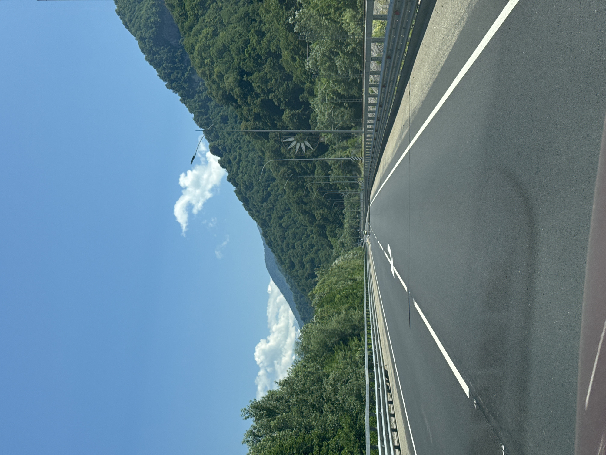 The image shows a highway with guardrails on both sides, surrounded by lush green trees and mountains under a clear blue sky. The highway has clear white lane markings and appears to be a multi-lane road. There are streetlights visible along the side of the road. In the distance, the road curves slightly as it enters a mountainous area. A unique decorative structure, resembling a large pinwheel or flower, is visible on a pole among the trees on the right side of the road. The scene suggests a scenic drive through a natural landscape, possibly in a rural or mountainous region of Russia, given the mention of Chvizhepse.