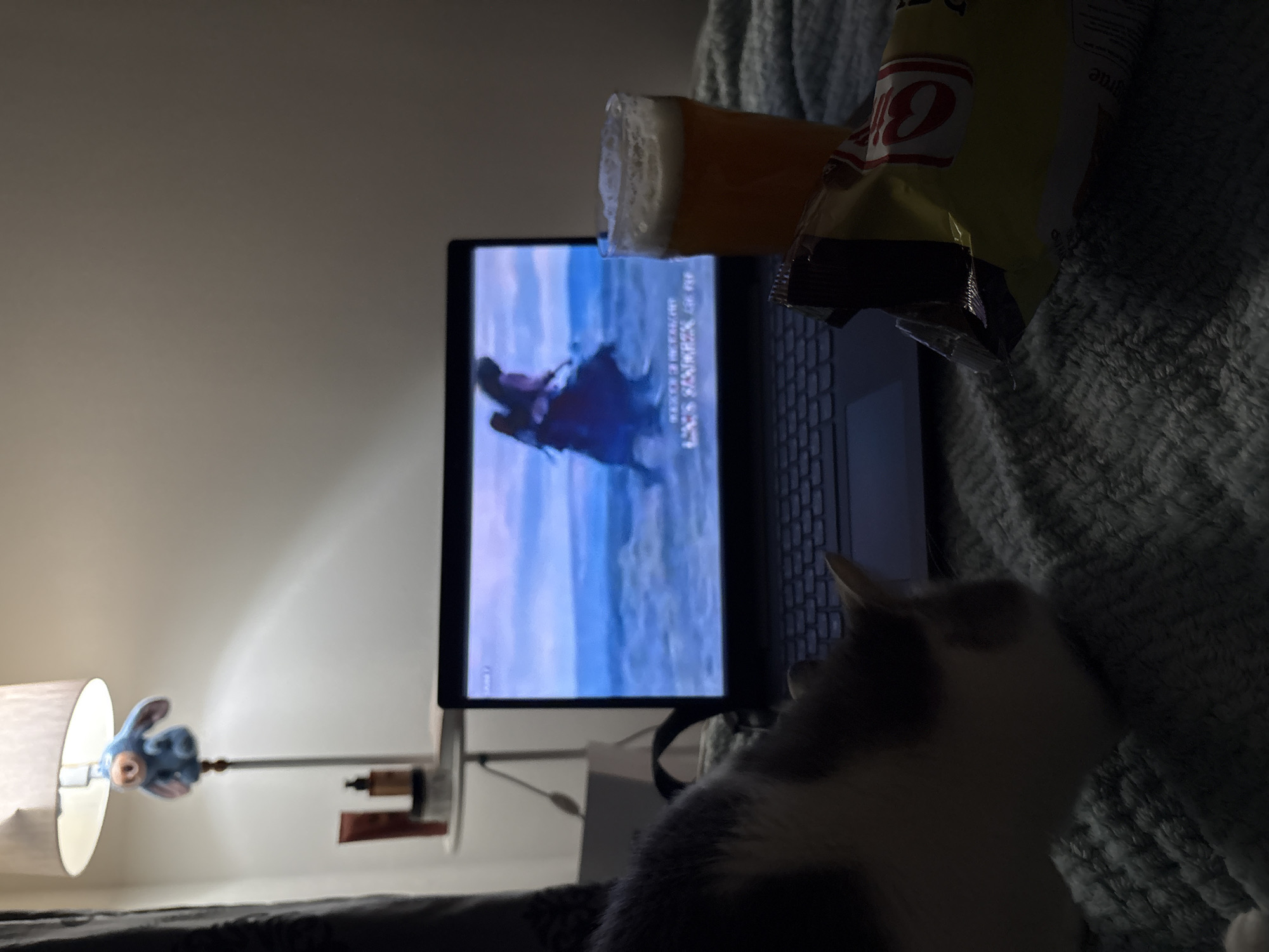 A low-angle, dimly lit indoor shot shows a relaxed setting. A laptop screen displays what appears to be a scene from a movie or show. A partially consumed bag of chips and a glass of beer sit near the laptop. A cat is in the foreground. A bedside lamp with a blue donkey figurine on the pull chain is situated on a nightstand. The location is unknown and cannot be determined to be Ust-Ilimsk, Russia.
