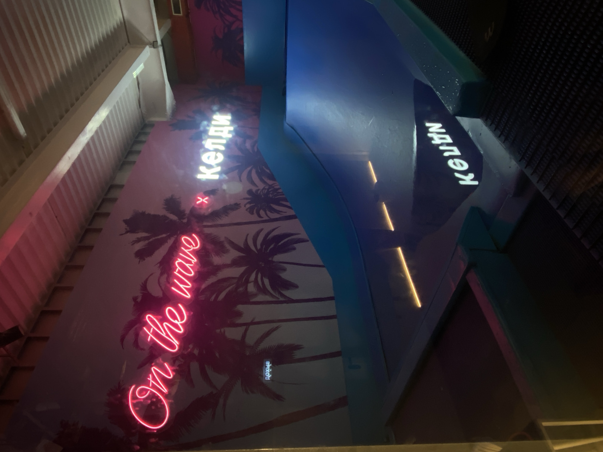 The image depicts a neon sign with the text "On the wave" in English and "Келды" in Russian, illuminated in pink and white respectively. The backdrop is a mural of palm trees, suggesting a tropical or beach-themed environment. In the foreground, there is a blue-colored slide or ramp, possibly for recreation. A small sign with Cyrillic text "ДОХІВ" is visible on the wall. The overall ambiance is vibrant and modern, likely representing an indoor entertainment or leisure facility. The context of Khabarovsk, Russia, suggests this might be a specific establishment within the city.