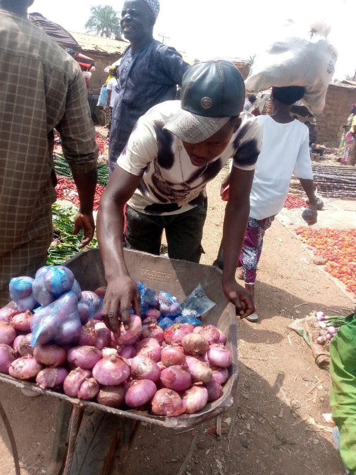 A man in a cap leans over a wheelbarrow full of red onions and bags of blue-wrapped onions. Other people are visible in the background, along with piles of produce. A woman carries a sack on her head. Vegetables, possibly tomatoes and onions, lay on the ground near the wheelbarrow. The man appears to be sorting through the onions in the wheelbarrow.