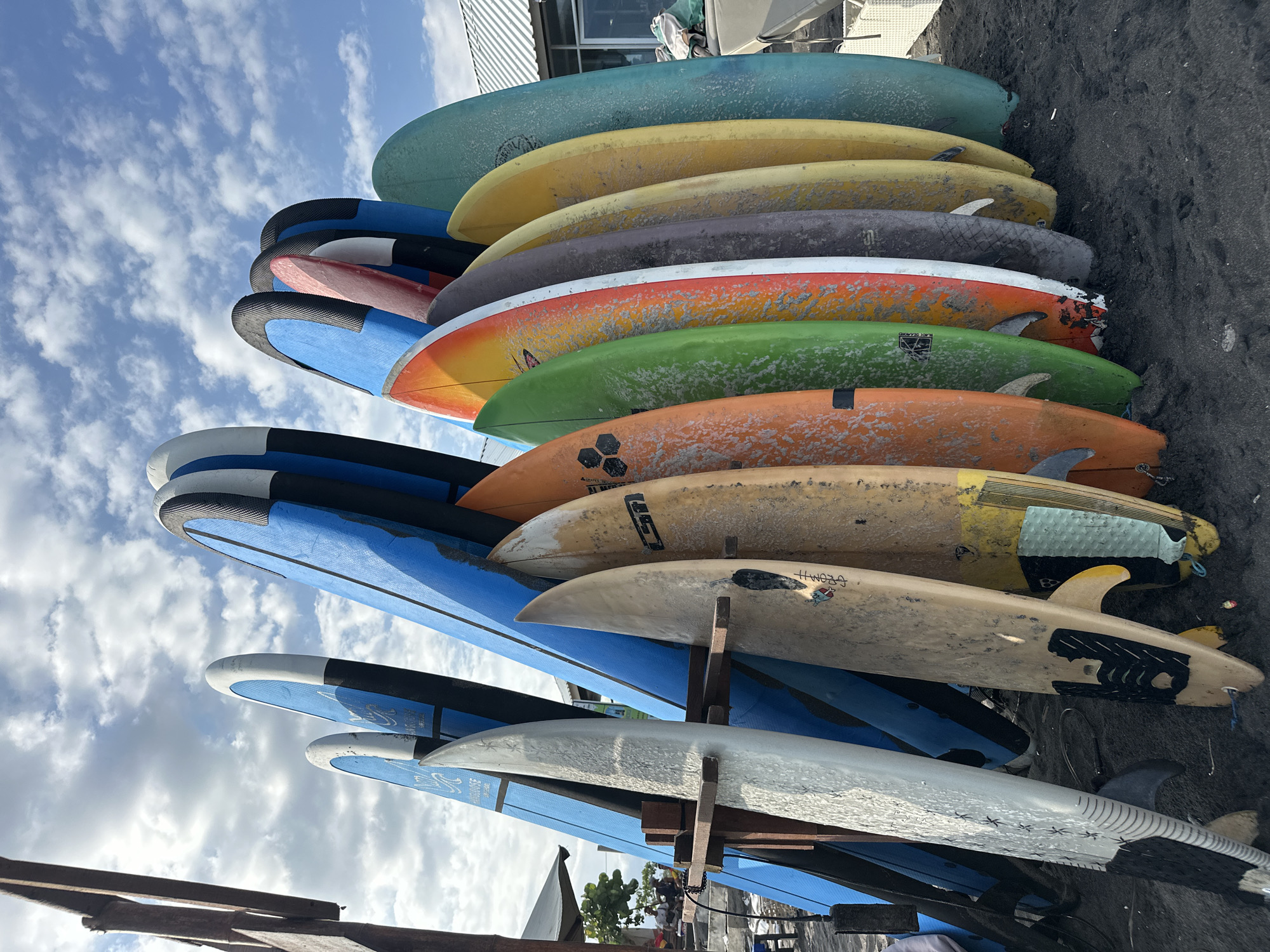 The image shows a rack of surfboards, leaning at an angle, against a black sand beach, under a partly cloudy sky. The surfboards are of various colors, including blue, yellow, green, orange, and white, and appear used. The surfboards are supported by a wooden rack. The location is Unknown, Unknown.