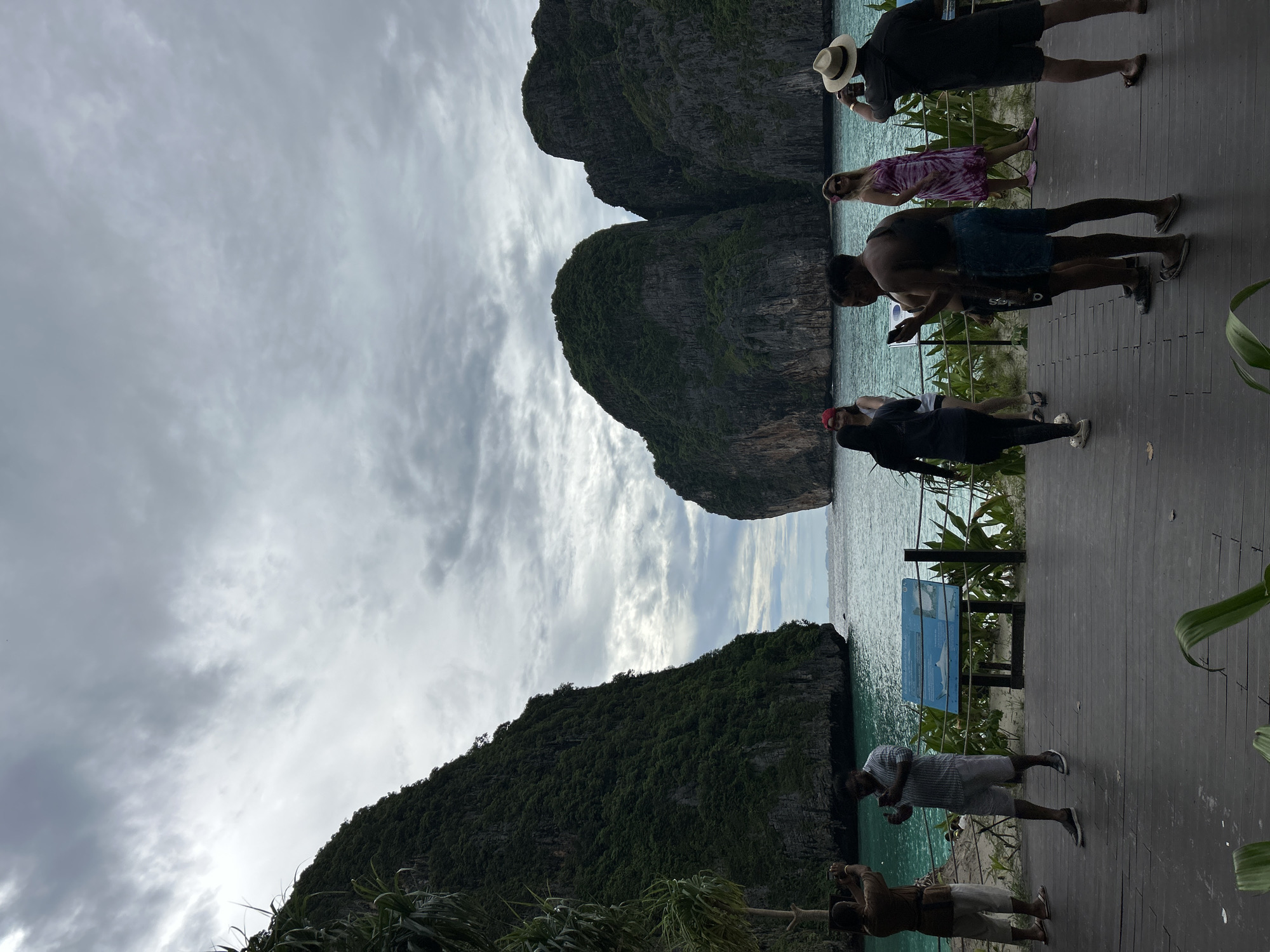 The image depicts Maya Bay, a famous tourist destination located in Krabi Province, Thailand, near Ao Nang. The scene is set on a wooden boardwalk overlooking a turquoise bay framed by dramatic limestone cliffs covered in lush green vegetation. The sky is overcast with gray clouds, suggesting a diffused light.
Several people are visible on the boardwalk, some of whom appear to be tourists. In the foreground, on the right, a person wearing a straw hat is taking a photo with a phone. To the left of them, a person in a pink tie-dye dress is standing and looking towards the sea. Two men are in the center foreground, one holding a phone. Further left, a man in a striped shirt and shorts is looking at his phone, and another man in a brown shirt and white shorts is taking a photo with his phone. In the background, a group of people, including a woman in a red cap and a person in a dark outfit, are standing by the water's edge.
There is a wooden railing separating the boardwalk from the beach and the sea. A blue information sign with images of marine life, possibly a shark, is placed on the boardwalk. The water is clear and a bright turquoise color, contrasting with the dark, imposing cliffs. Tropical plants are present on the left side of the frame and near the railing. The overall impression is a popular scenic spot with visitors enjoying the view and documenting their experience.