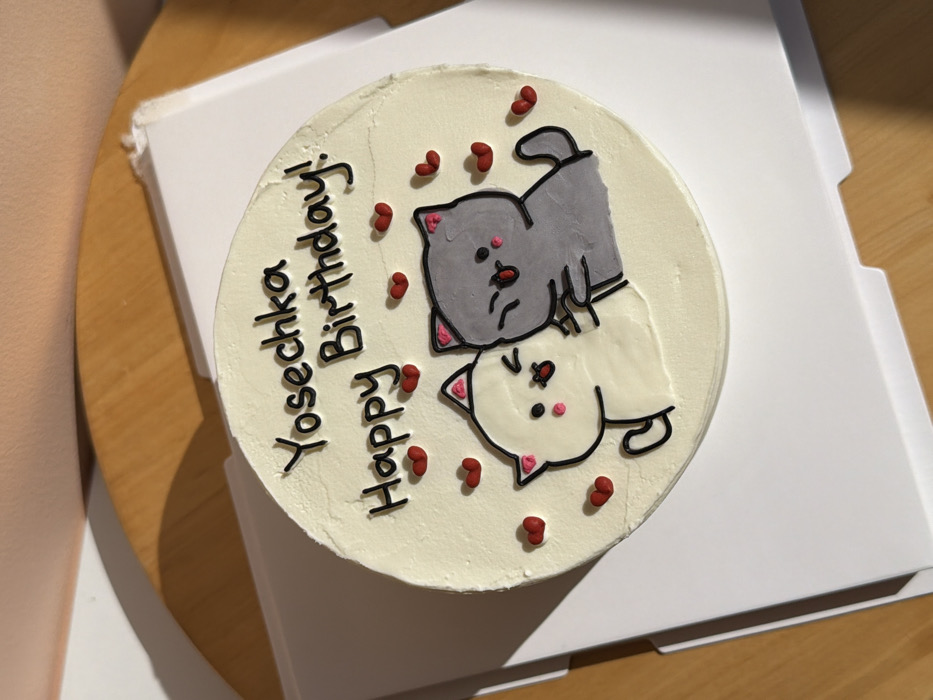 The image displays a round, cream-colored frosted cake presented in a white cardboard cake box. The cake features black icing lettering that reads "Yosechka Happy Birthday!" Below the text, two cartoon-style cats are depicted in an embrace. The cat on the left is white with pink accents, while the cat on the right is grey, also with pink accents. Both cats have winking eyes and open mouths showing their tongues. Small, three-dimensional red heart-shaped sprinkles are scattered across the cake's surface around the text and the cats. The cake box rests on a light brown wooden surface, exhibiting a visible grain pattern. Shadows are cast from the upper left side of the frame, indicating an overhead light source. There are no identifiable features within the image to determine a specific location in Tel-Aviv, Israel, or any other city.