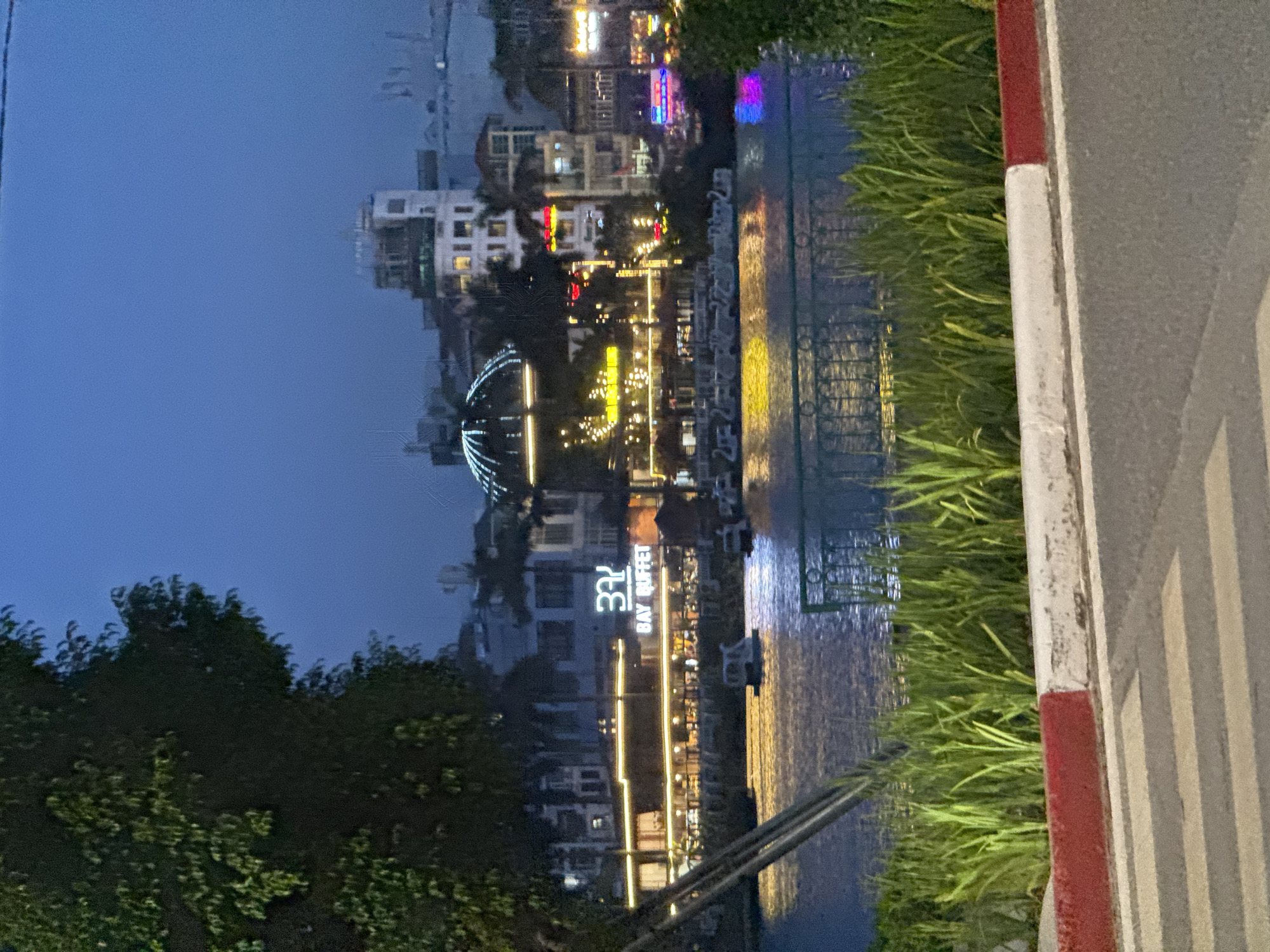 The image captures a nighttime scene along the West Lake in Hanoi, Vietnam. A large tree dominates the left side of the frame, its dark foliage contrasting with the twilight sky. Across the water, a brightly lit waterfront promenade is visible, featuring buildings with illuminated windows and signage. The sign for "BAY BUFFET" is prominent. The water reflects the colorful lights of the buildings, creating a shimmering effect. Several small boats are docked or moving on the lake. In the foreground, lush green grass lines a red and white curb, bordering a pedestrian crossing. The overall atmosphere is serene and vibrant, indicative of a popular urban recreational area.