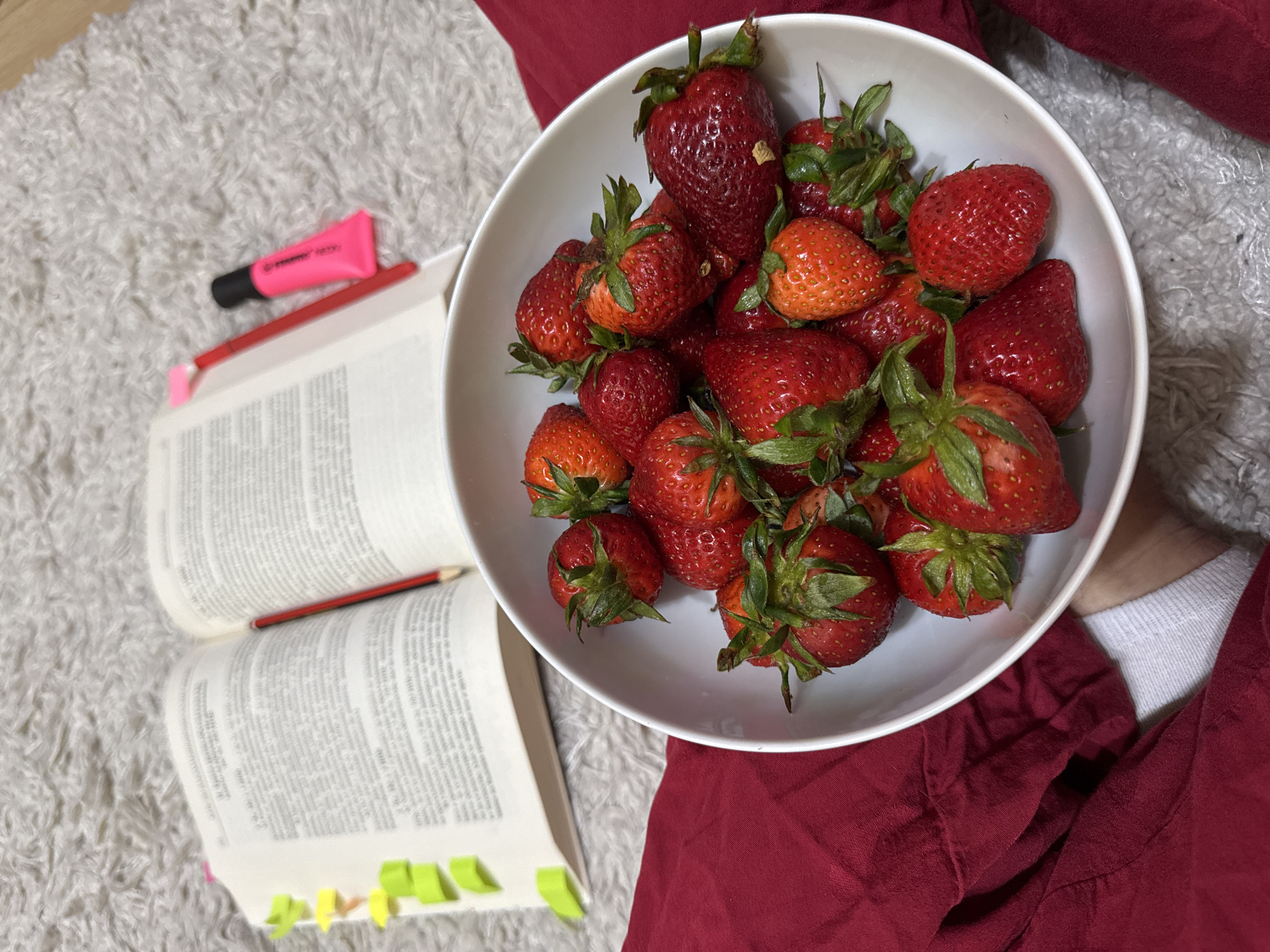 The image shows an open book on a fluffy white rug, next to a white bowl filled with fresh strawberries. A red pencil and a pink highlighter are lying on the open pages of the book. The pages of the book are also marked with several small yellow sticky notes. Red fabric is visible beneath the bowl of strawberries. The setting appears to be indoors. It is not possible to determine if this is in Sofia, Bulgaria from the image.